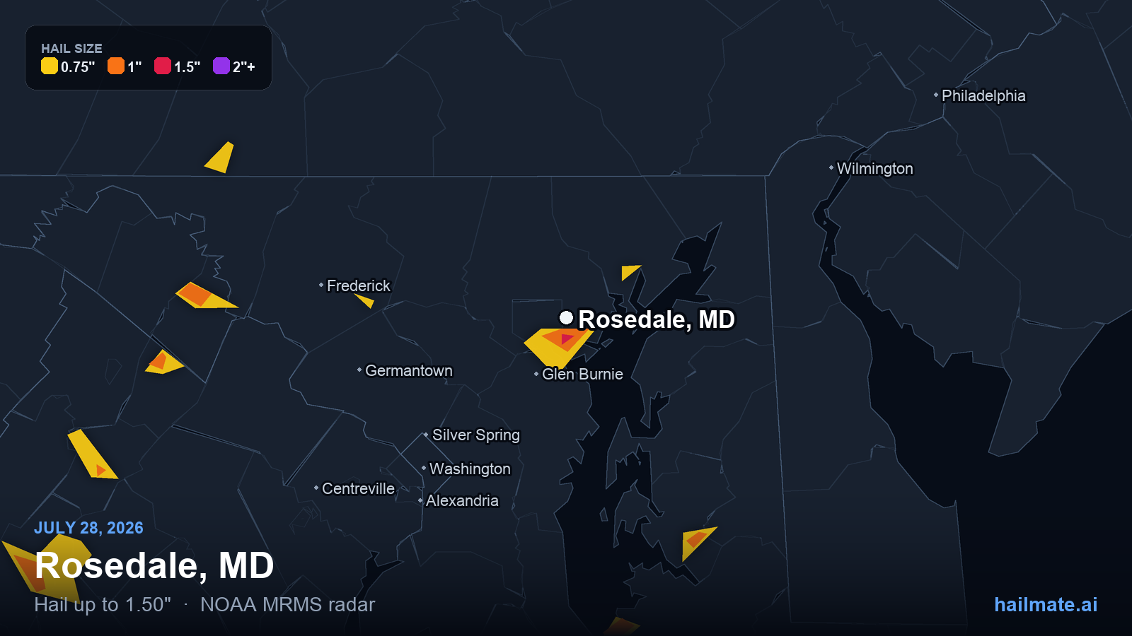 Hail swath map for Rosedale, MD on July 28, 2026 showing 1.50 inch hail.