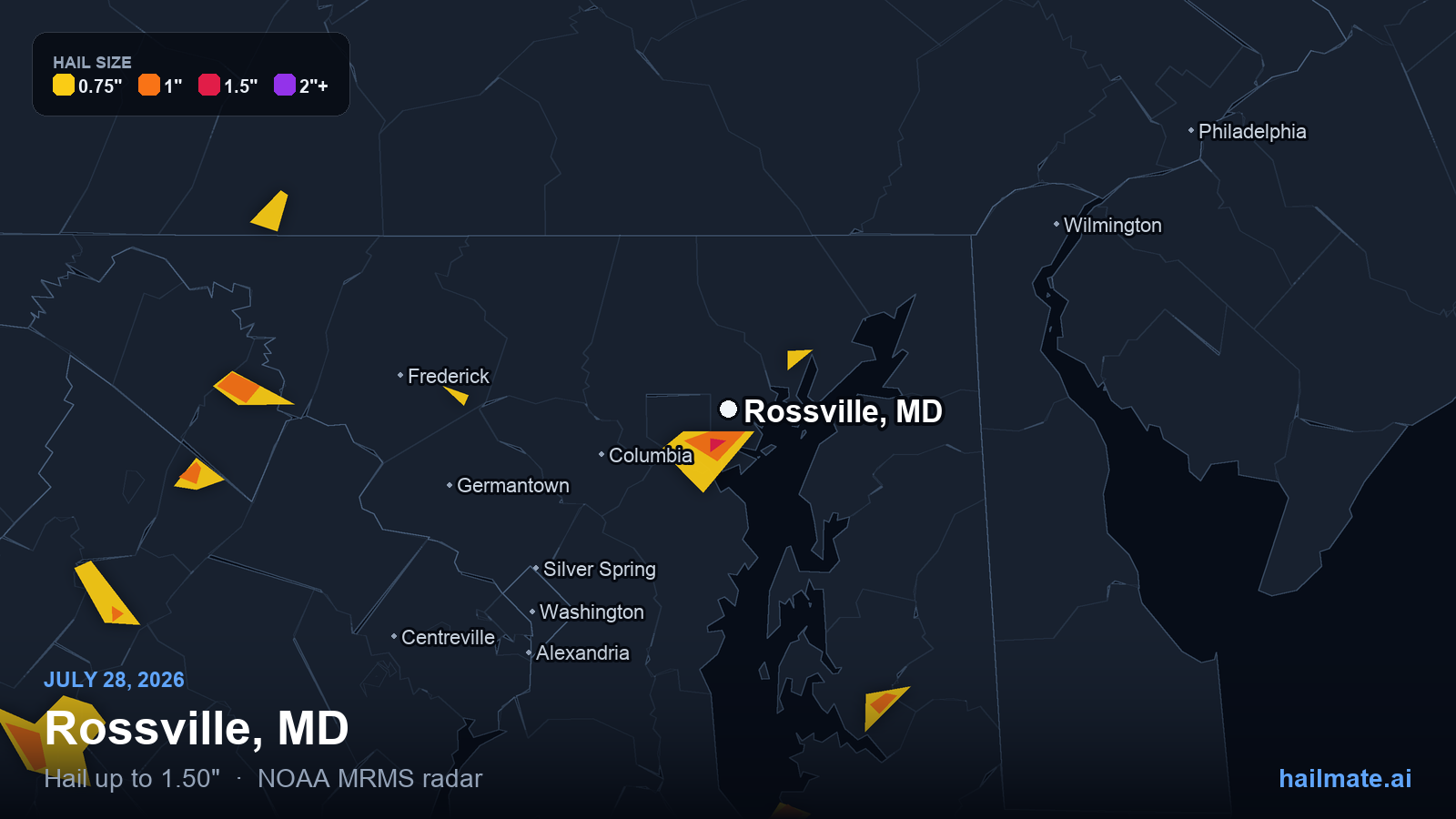 Hail swath map for Rossville, MD on July 28, 2026 showing 1.50 inch hail.