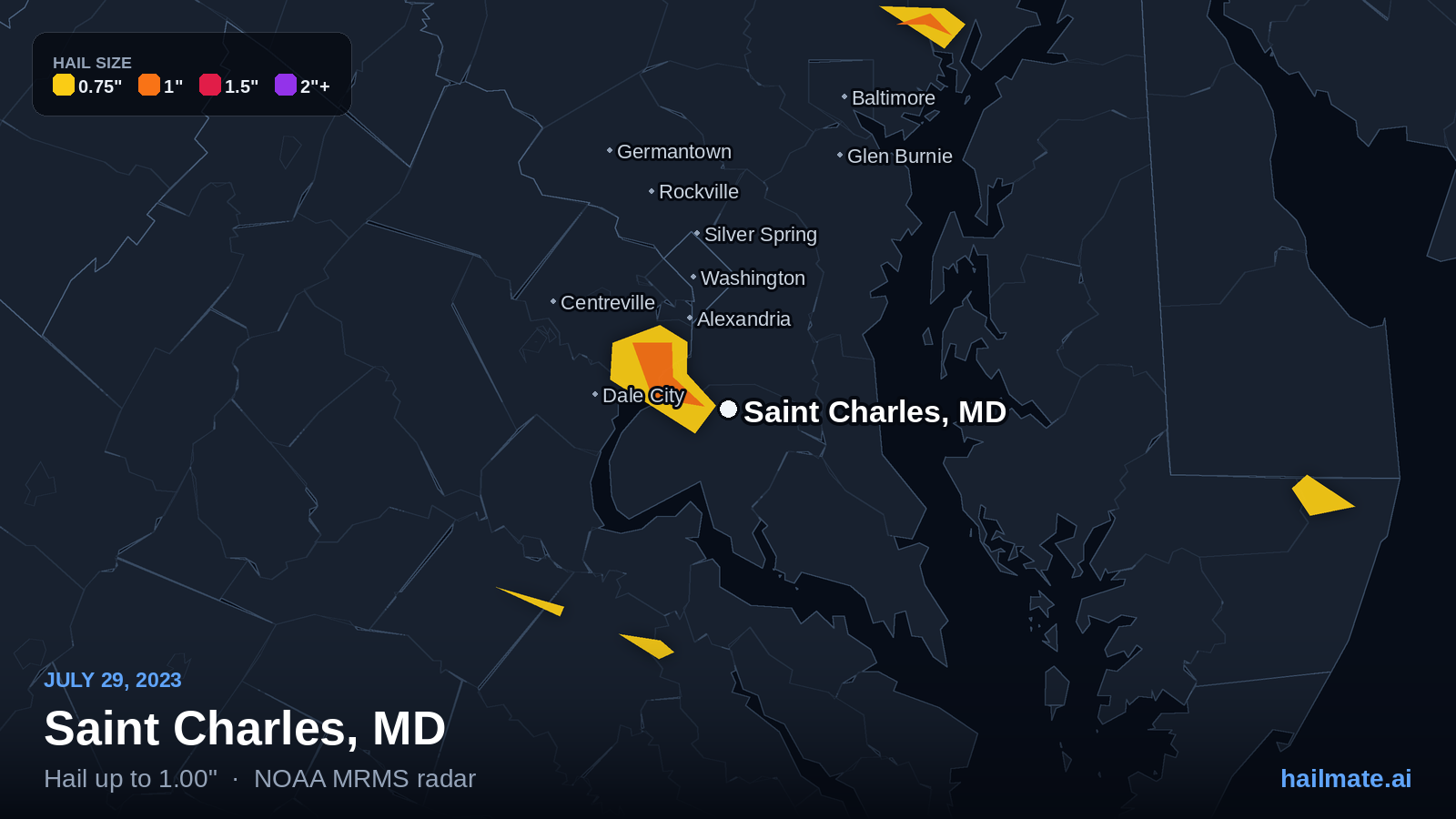 Hail swath map for Saint Charles, MD on July 29, 2023 showing 1.00 inch hail.
