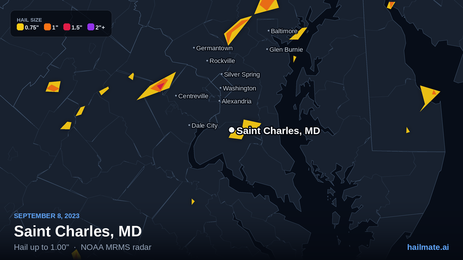 Hail swath map for Saint Charles, MD on September 8, 2023 showing 1.00 inch hail.