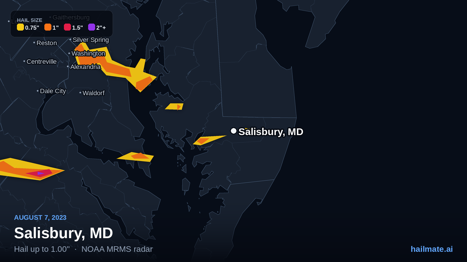 Hail swath map for Salisbury, MD on August 7, 2023 showing 1.00 inch hail.