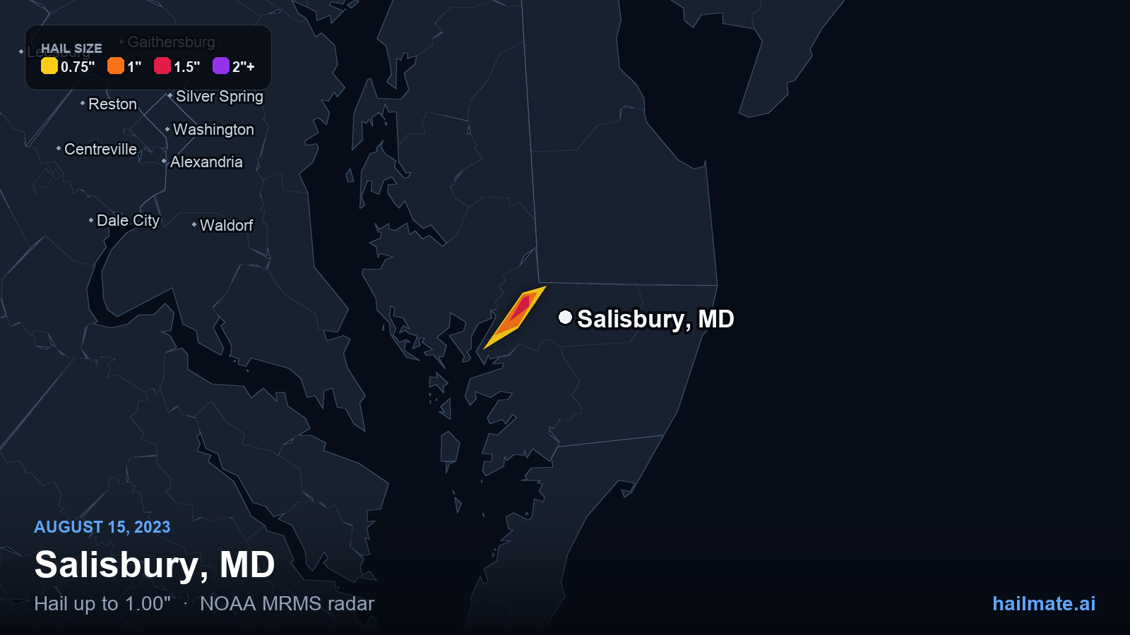 Hail swath map for Salisbury, MD on August 15, 2023 showing 1.00 inch hail.