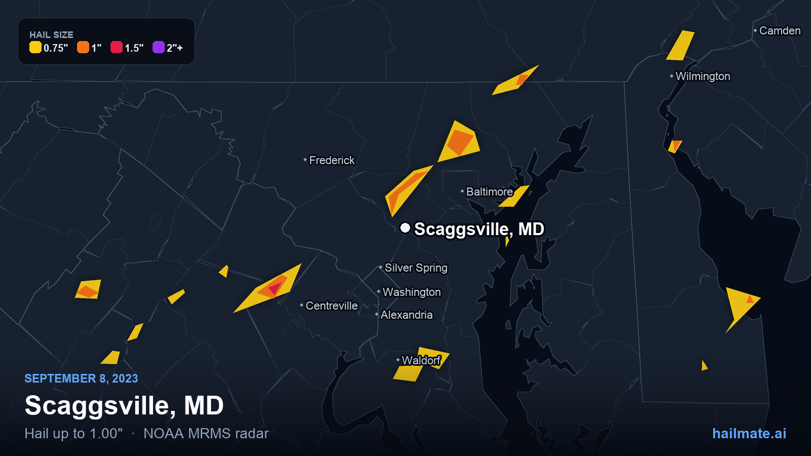 Hail swath map for Scaggsville, MD on September 8, 2023 showing 1.00 inch hail.