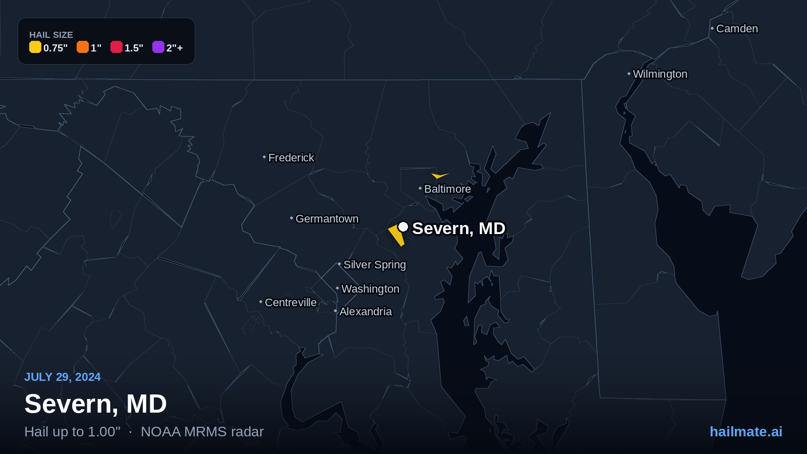 Hail swath map for Severn, MD on July 29, 2024 showing 1.00 inch hail.