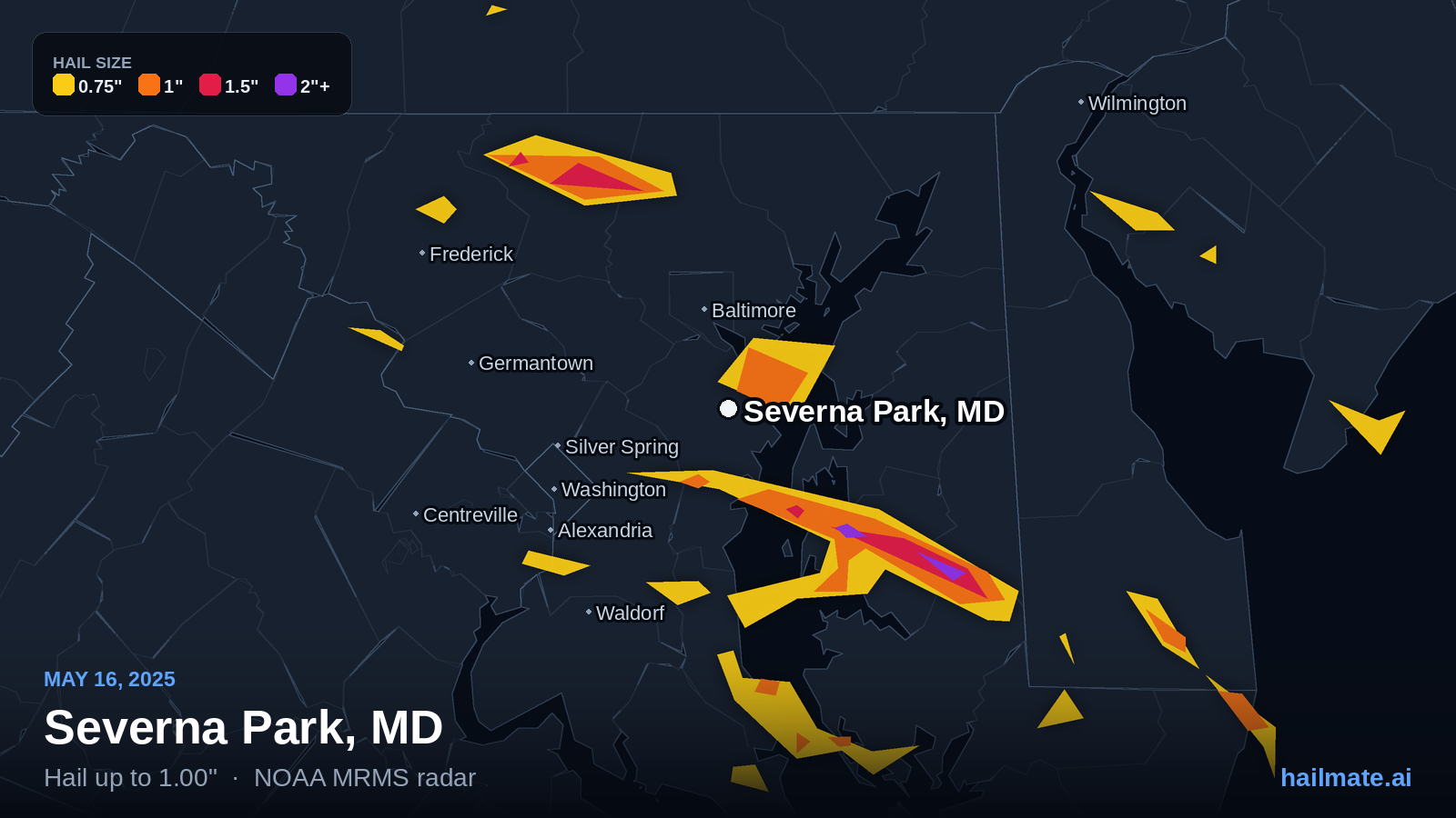 Hail swath map for Severna Park, MD on May 16, 2025 showing 1.00 inch hail.