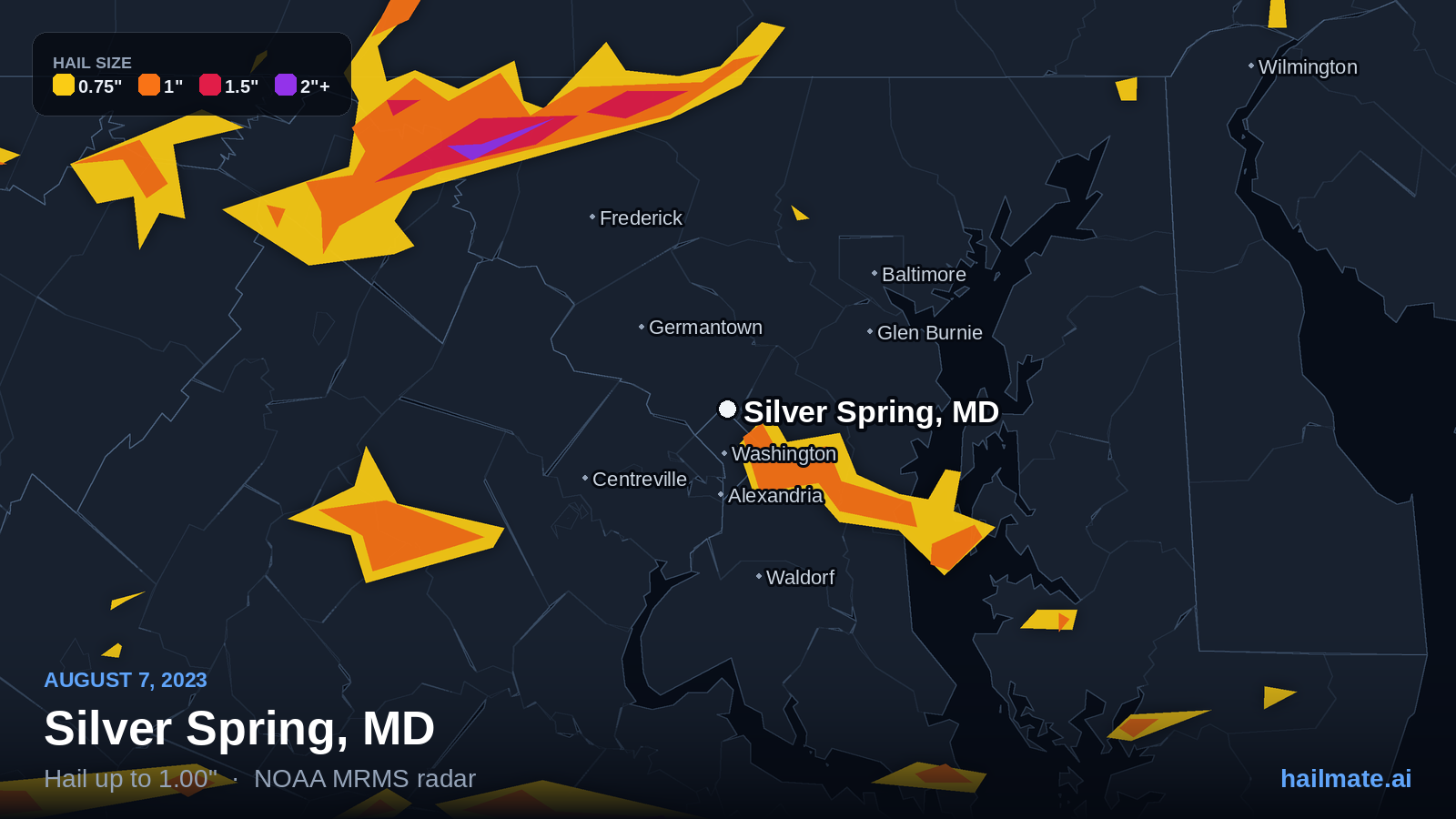 Hail swath map for Silver Spring, MD on August 7, 2023 showing 1.00 inch hail.