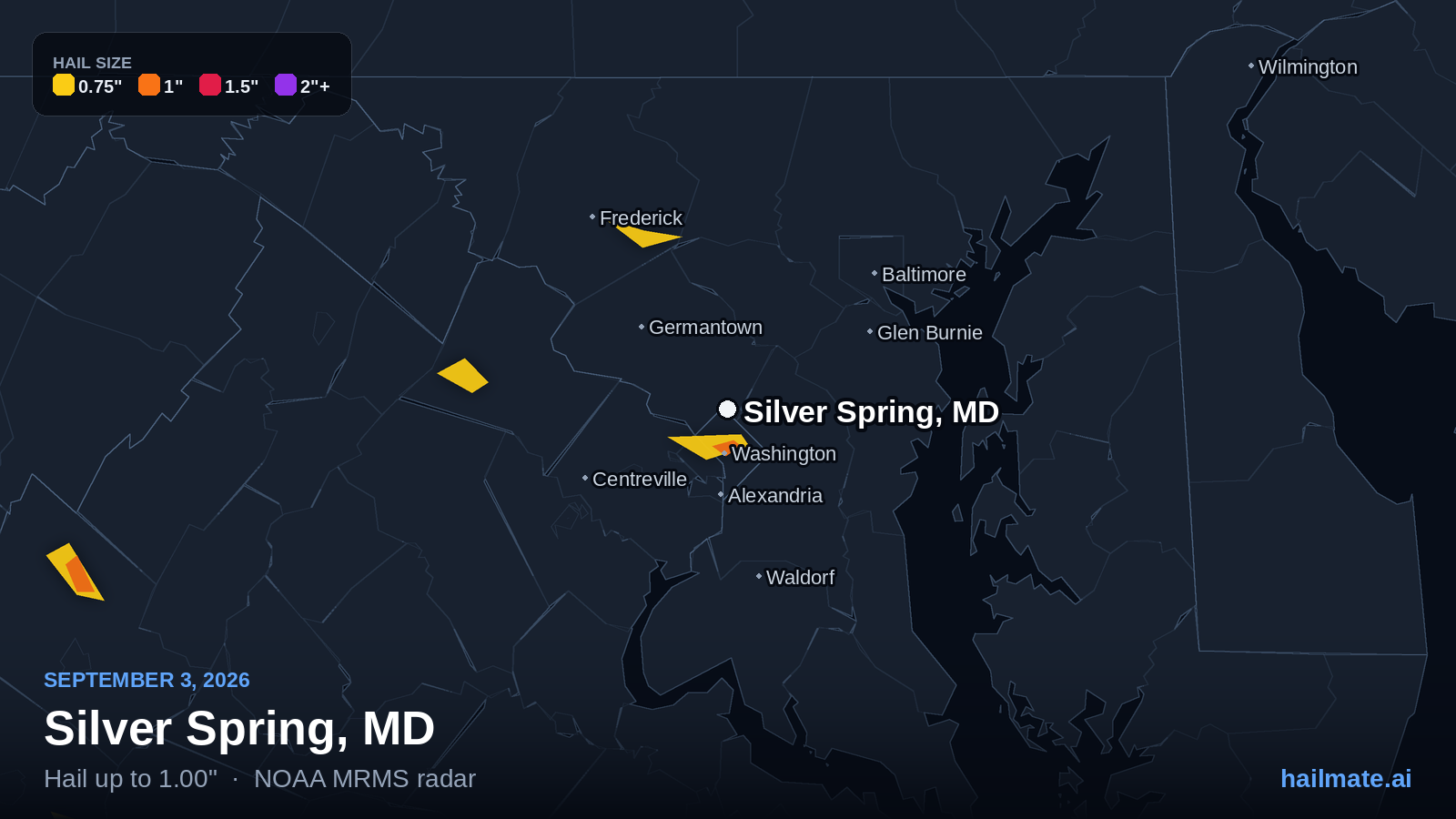 Hail swath map for Silver Spring, MD on September 3, 2026 showing 1.00 inch hail.