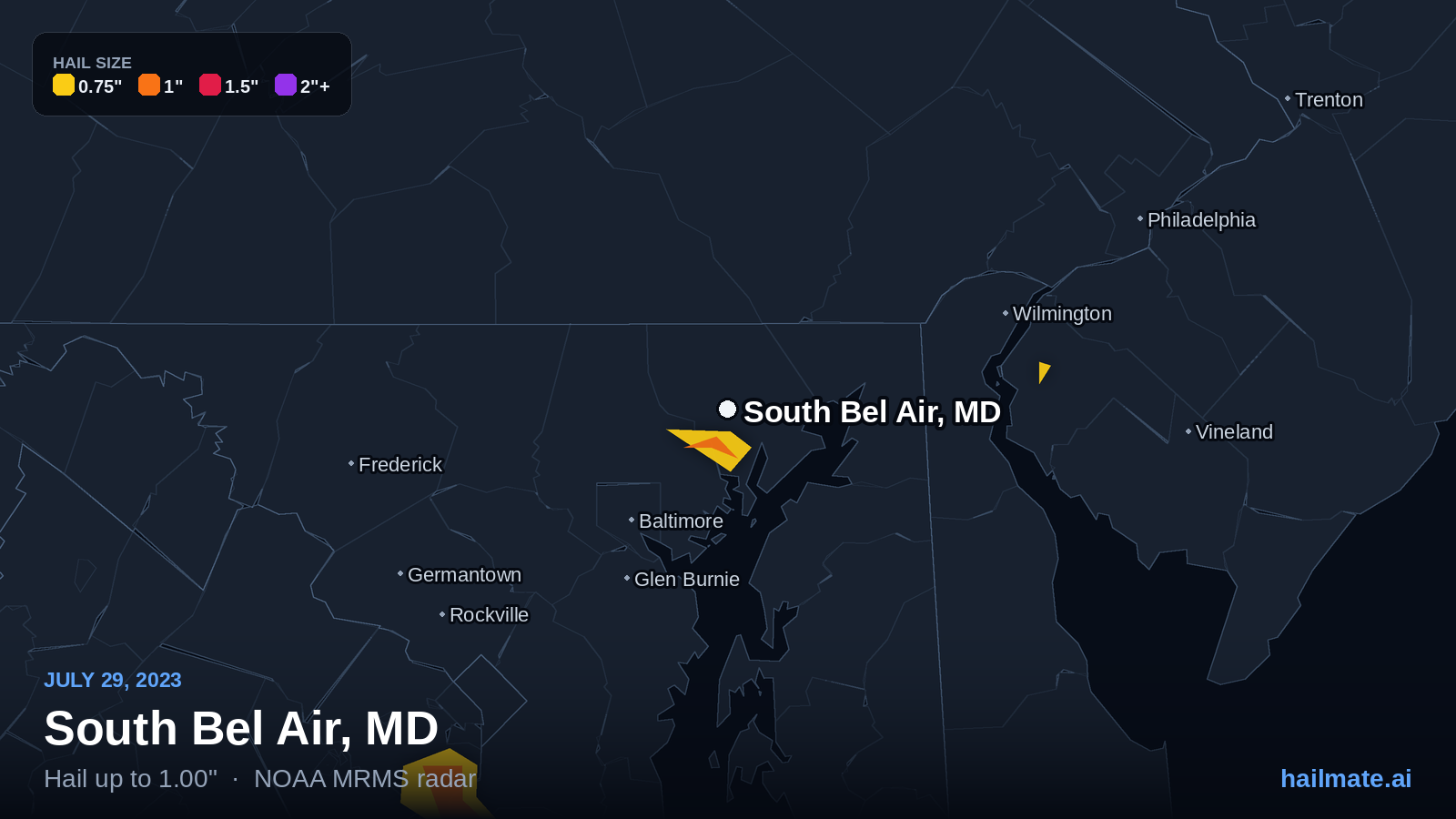 Hail swath map for South Bel Air, MD on July 29, 2023 showing 1.00 inch hail.