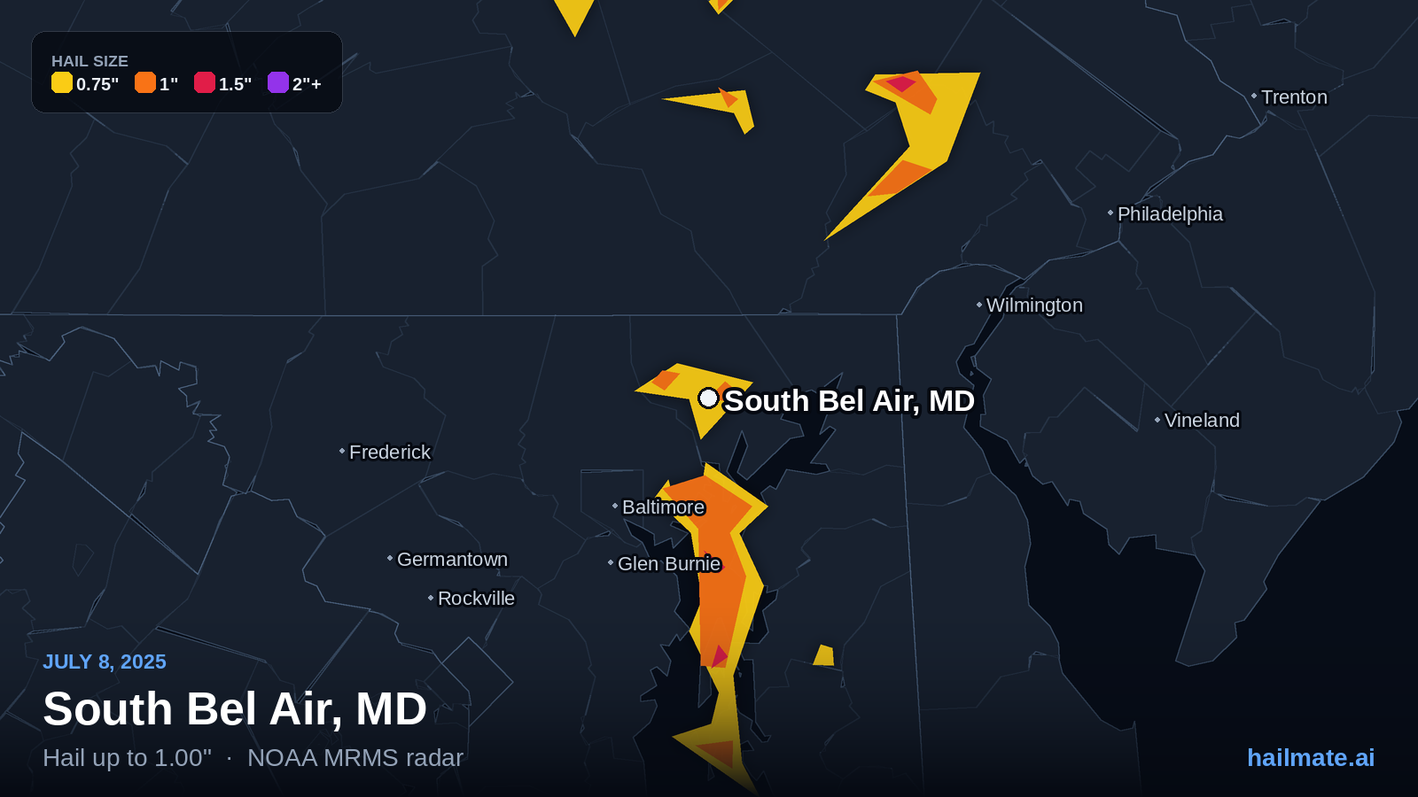 Hail swath map for South Bel Air, MD on July 8, 2025 showing 1.00 inch hail.