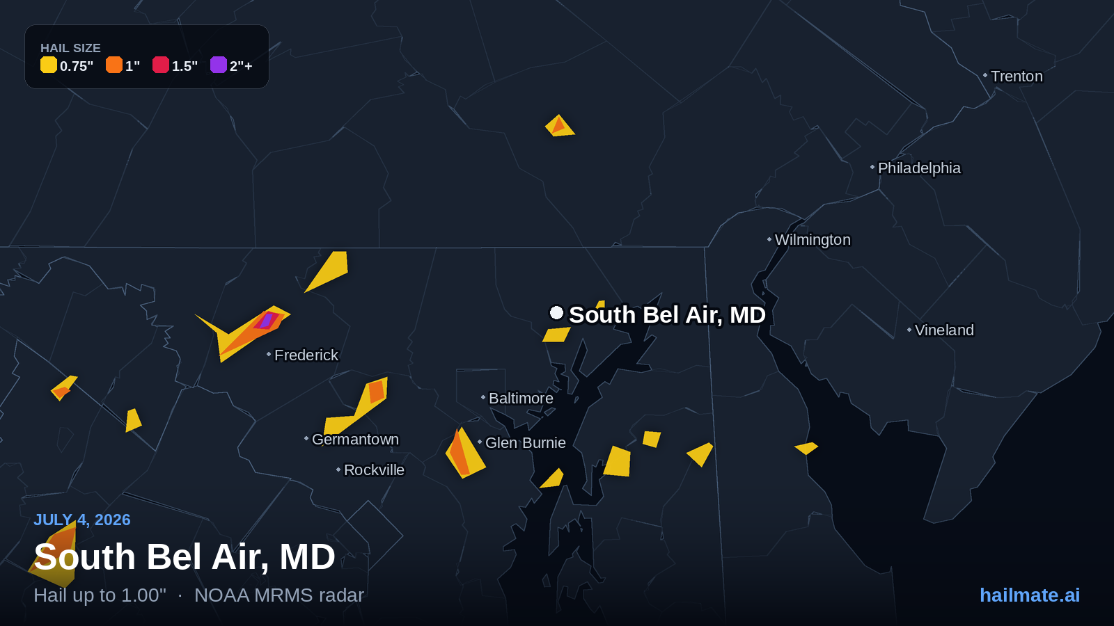 Hail swath map for South Bel Air, MD on July 4, 2026 showing 1.00 inch hail.