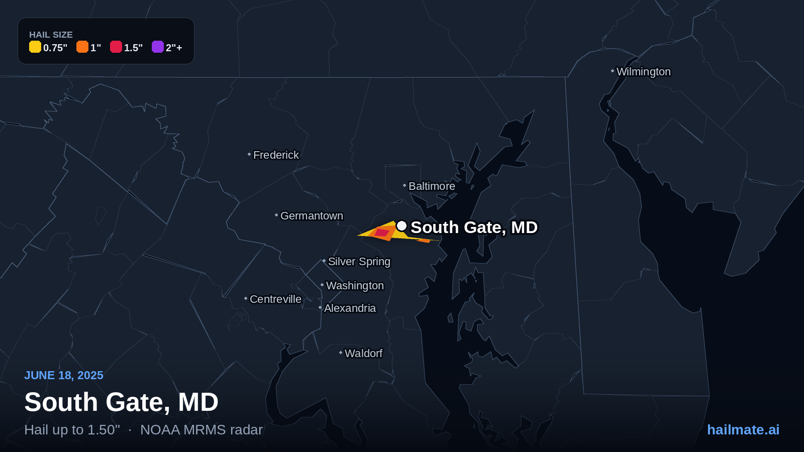 Hail swath map for South Gate, MD on June 18, 2025 showing 1.50 inch hail.