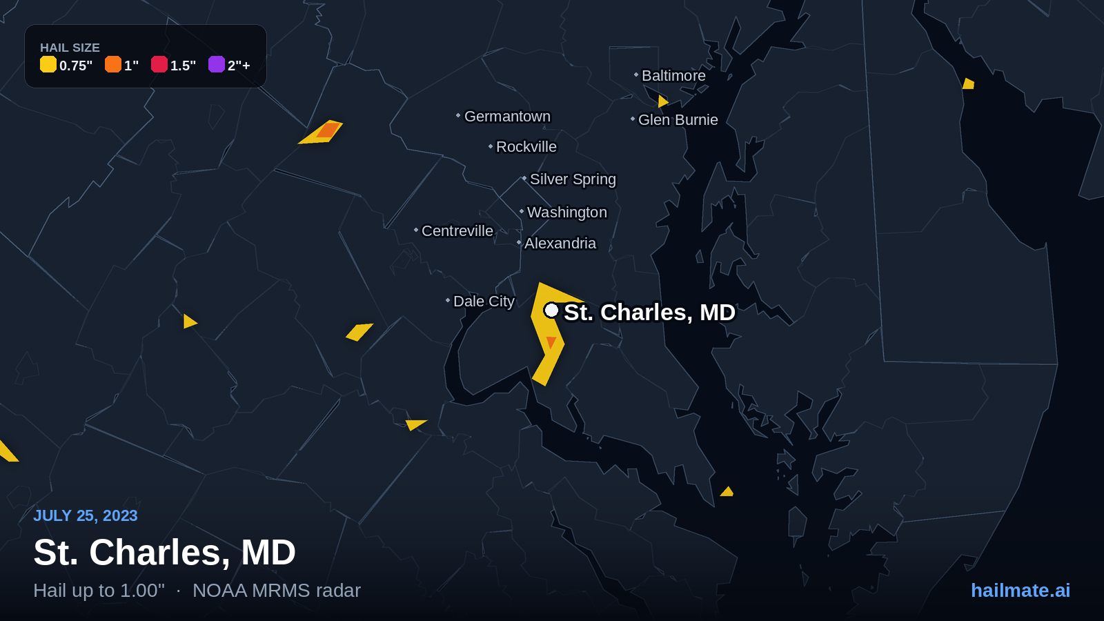 Hail swath map for St. Charles, MD on July 25, 2023 showing 1.00 inch hail.