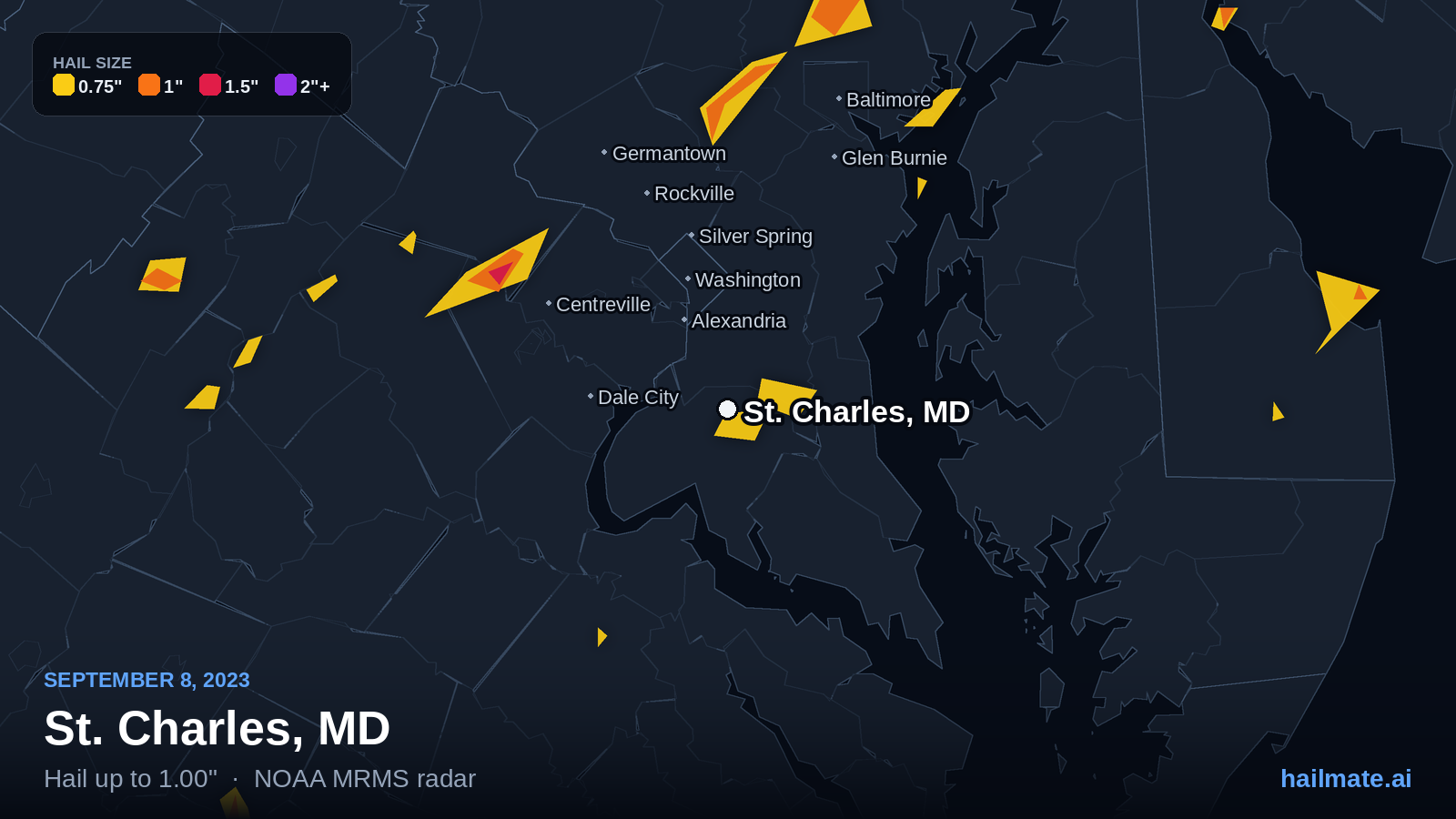 Hail swath map for St. Charles, MD on September 8, 2023 showing 1.00 inch hail.