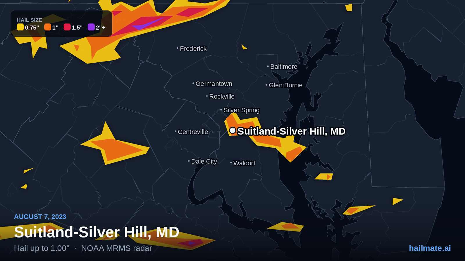 Hail swath map for Suitland-Silver Hill, MD on August 7, 2023 showing 1.00 inch hail.