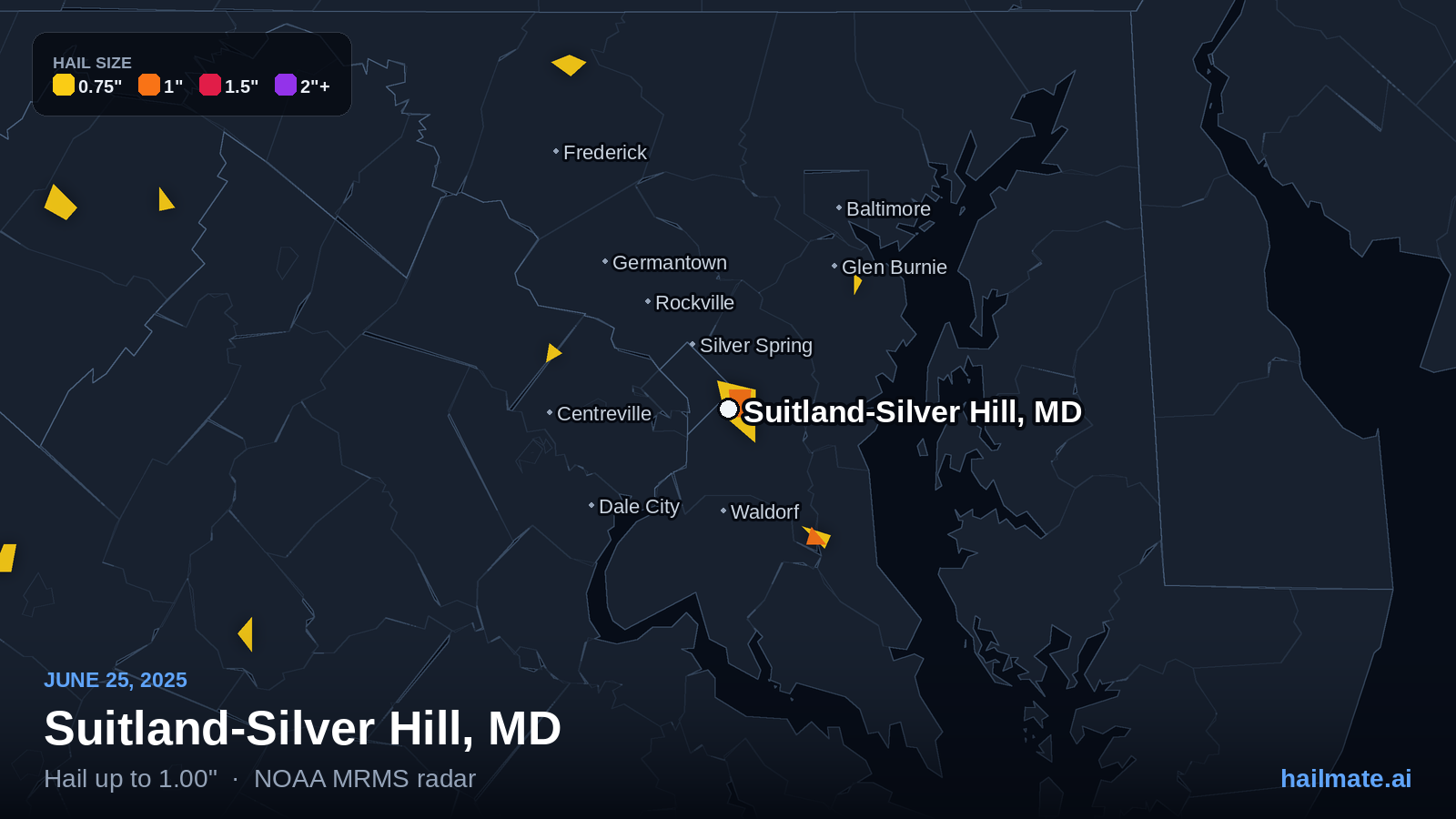 Hail swath map for Suitland-Silver Hill, MD on June 25, 2025 showing 1.00 inch hail.