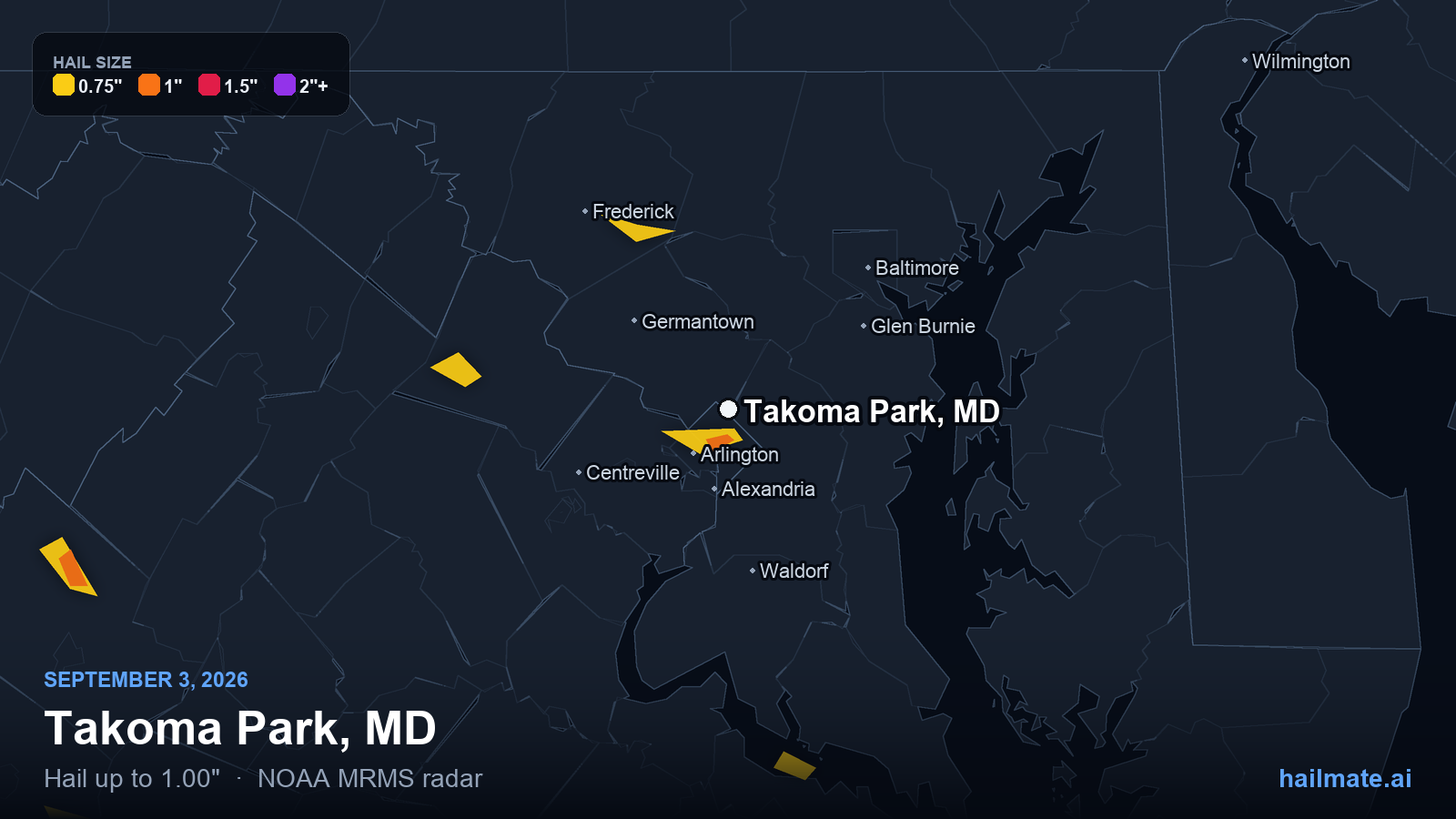 Hail swath map for Takoma Park, MD on September 3, 2026 showing 1.00 inch hail.