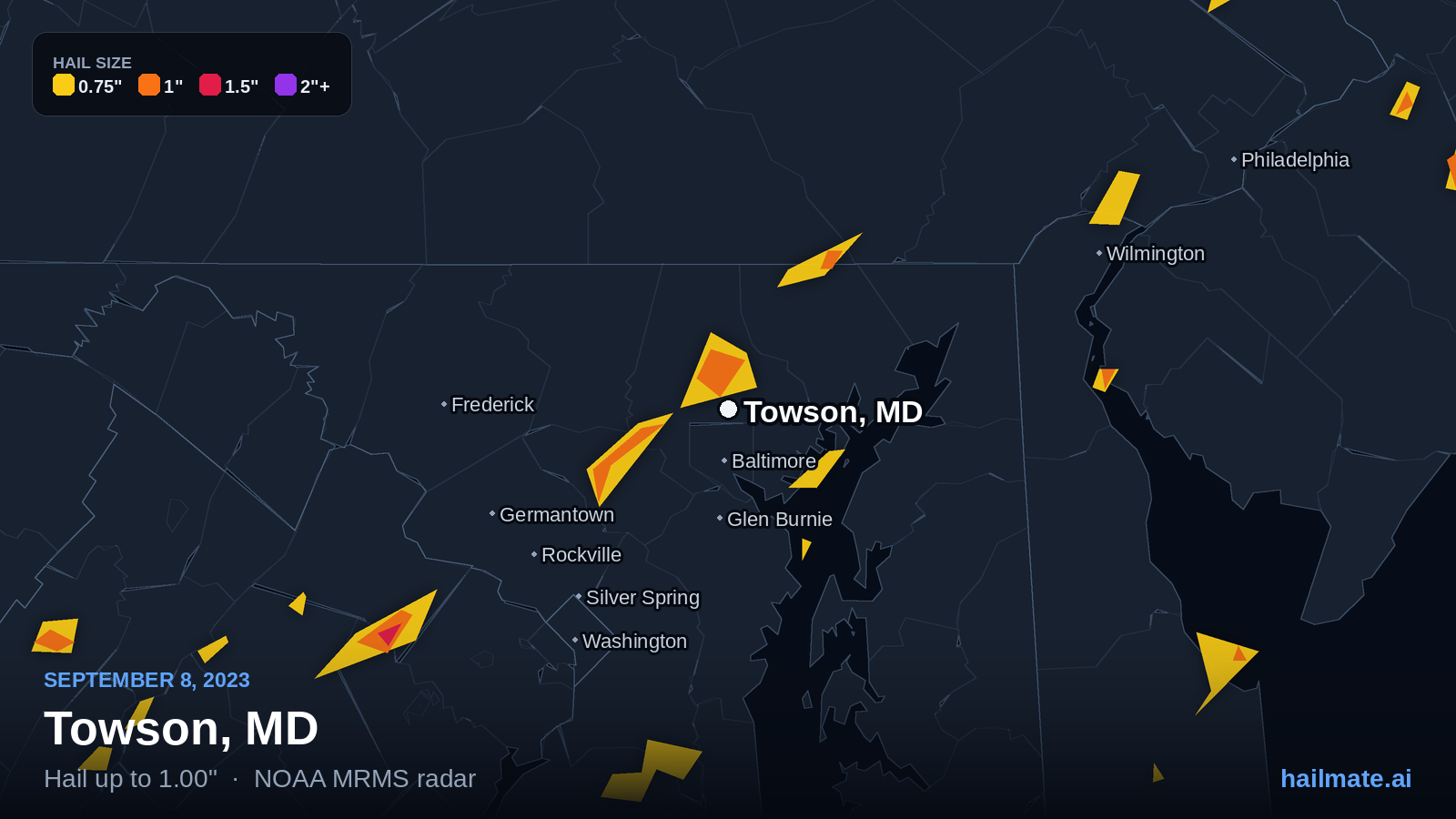 Hail swath map for Towson, MD on September 8, 2023 showing 1.00 inch hail.