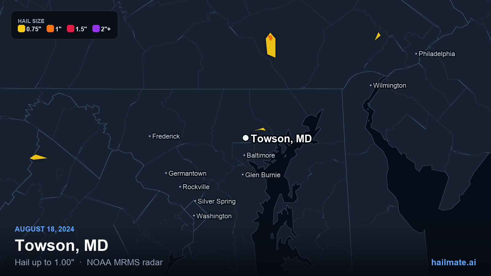 Hail swath map for Towson, MD on August 18, 2024 showing 1.00 inch hail.
