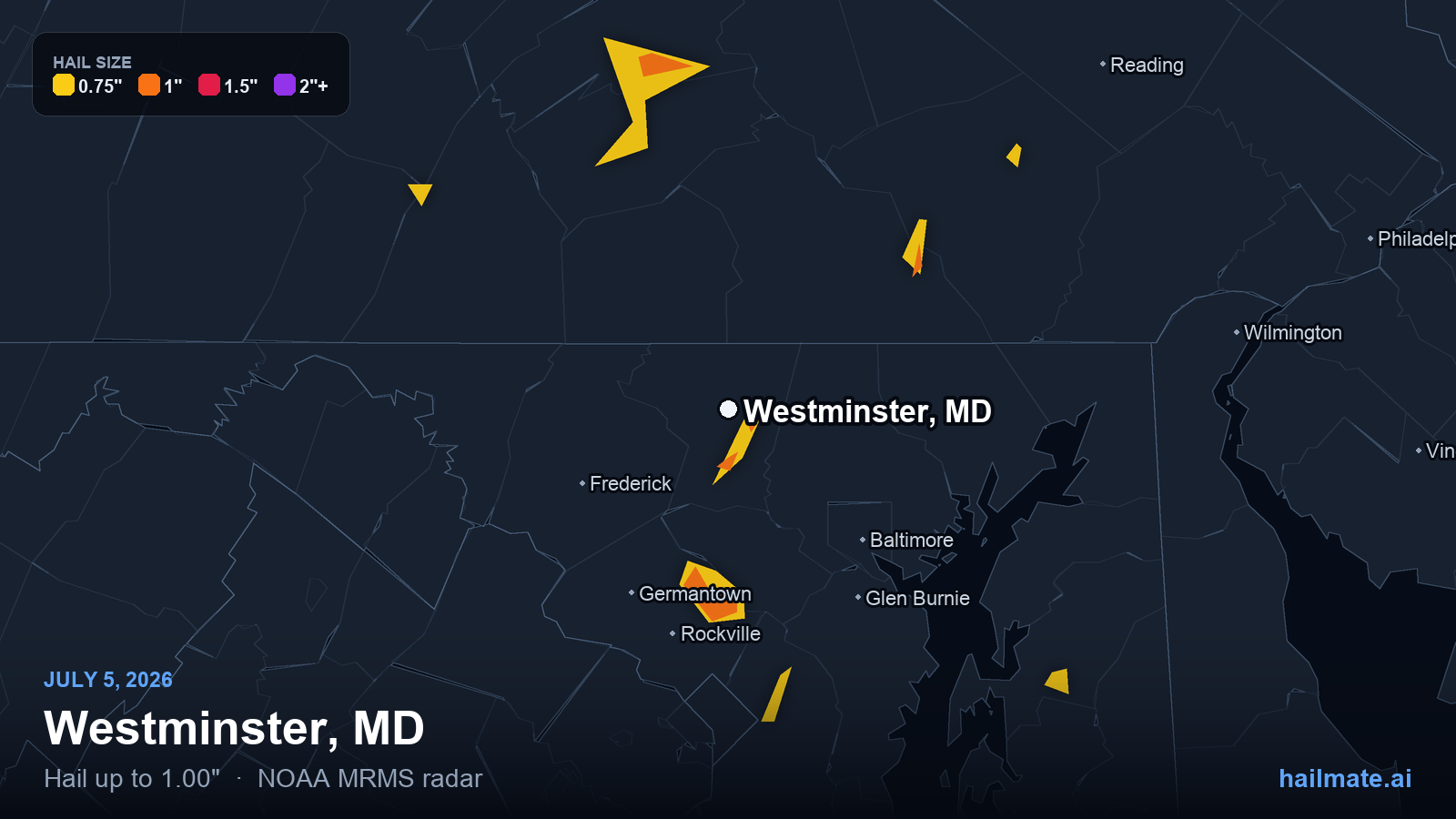 Hail swath map for Westminster, MD on July 5, 2026 showing 1.00 inch hail.