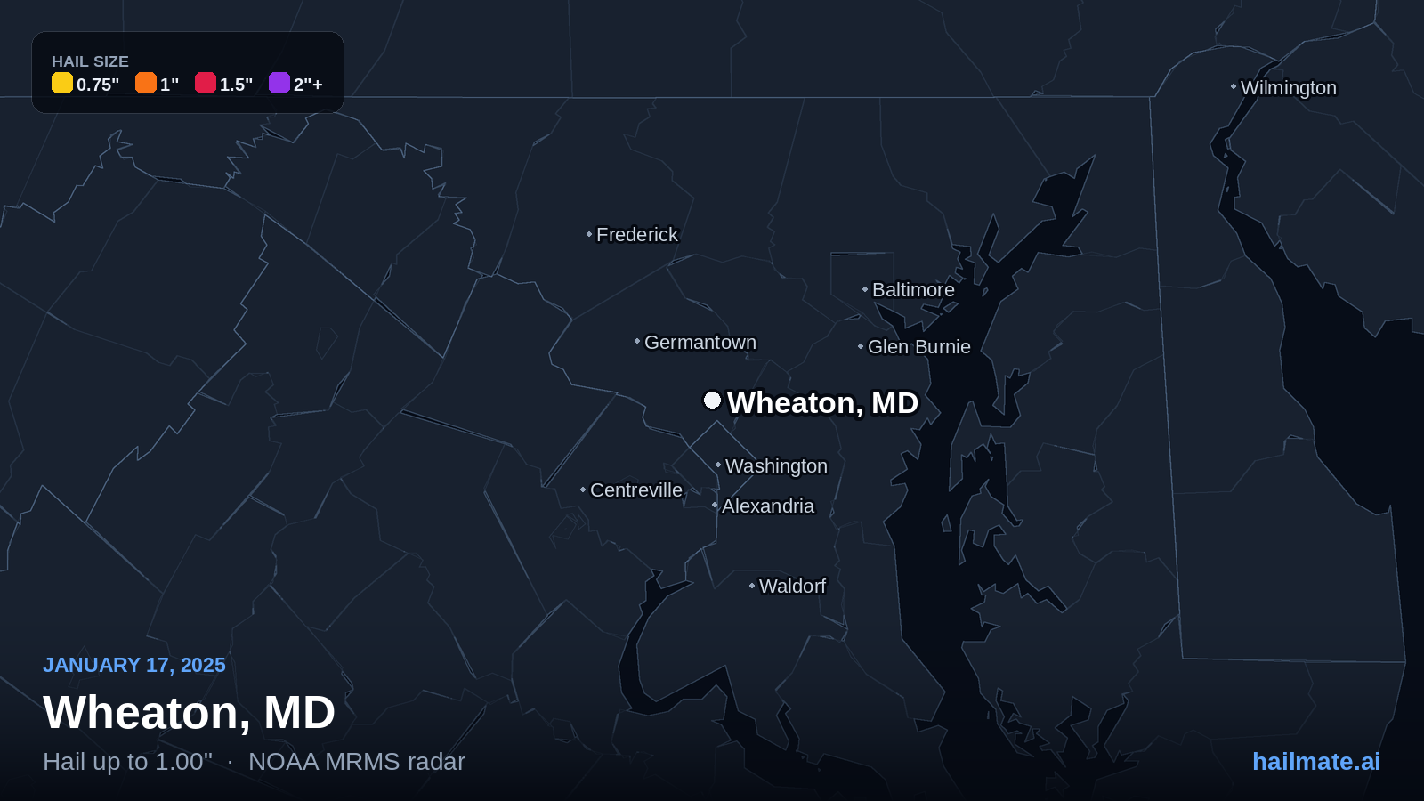 Hail swath map for Wheaton, MD on January 17, 2025 showing 1.00 inch hail.