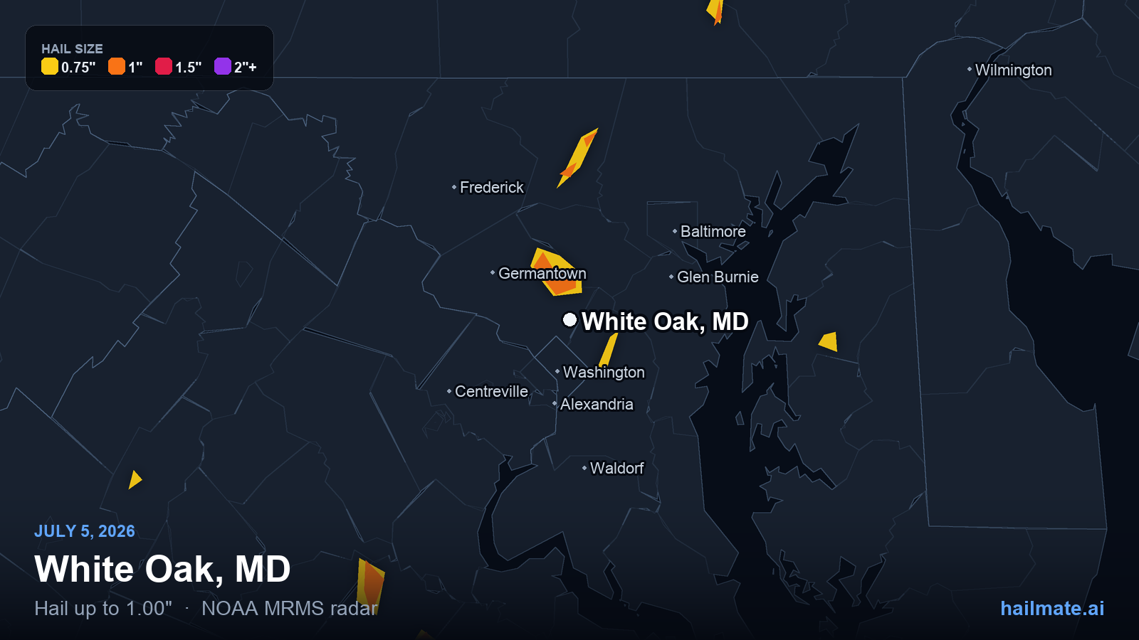 Hail swath map for White Oak, MD on July 5, 2026 showing 1.00 inch hail.