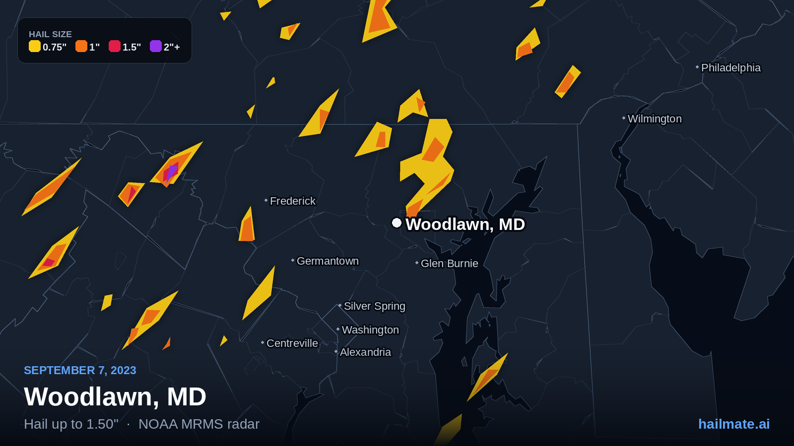 Hail swath map for Woodlawn, MD on September 7, 2023 showing 1.50 inch hail.