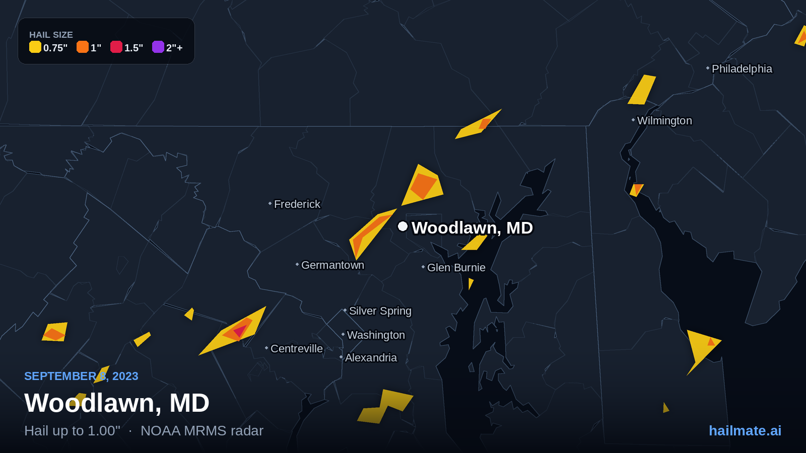 Hail swath map for Woodlawn, MD on September 8, 2023 showing 1.00 inch hail.