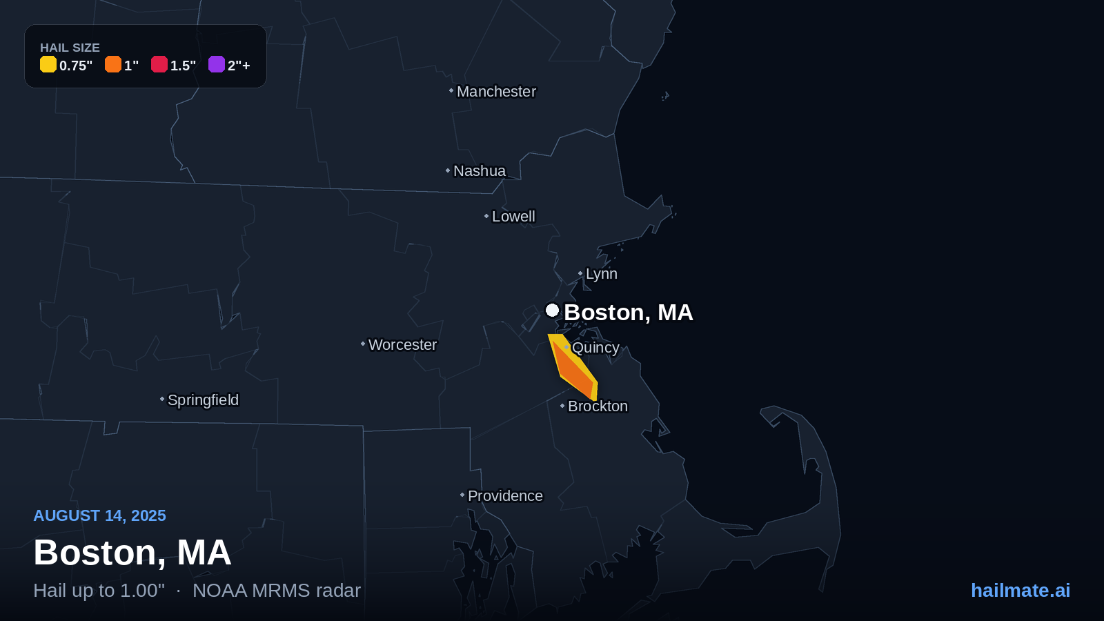 Hail swath map showing 1.00 inch hail over Boston, Massachusetts on August 14, 2025.