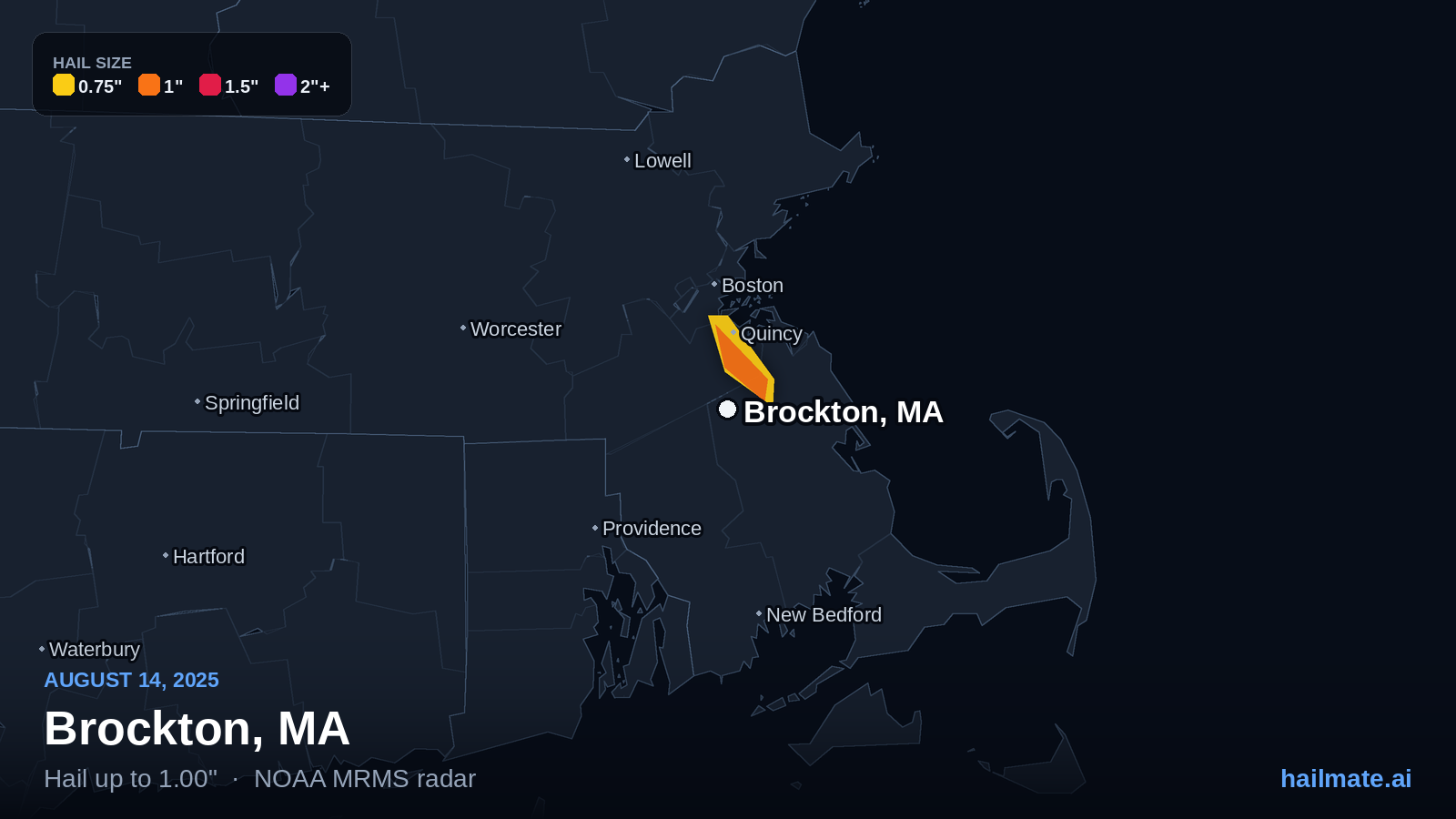 Hail swath map for Brockton, MA on August 14, 2025 showing 1.00 inch hail.