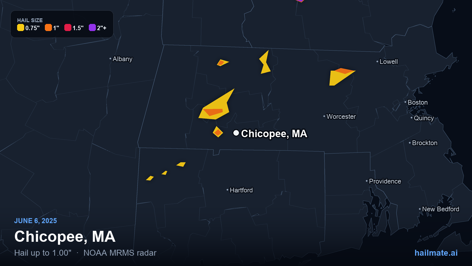 Hail swath map for Chicopee, MA on June 6, 2025 showing 1.00 inch hail.