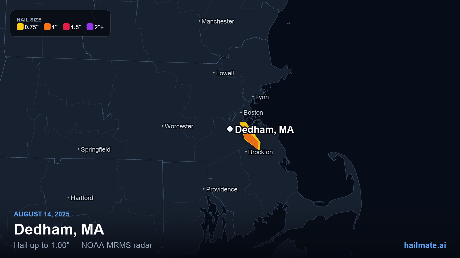 Hail swath map for Dedham, MA on August 14, 2025 showing 1.00 inch hail.