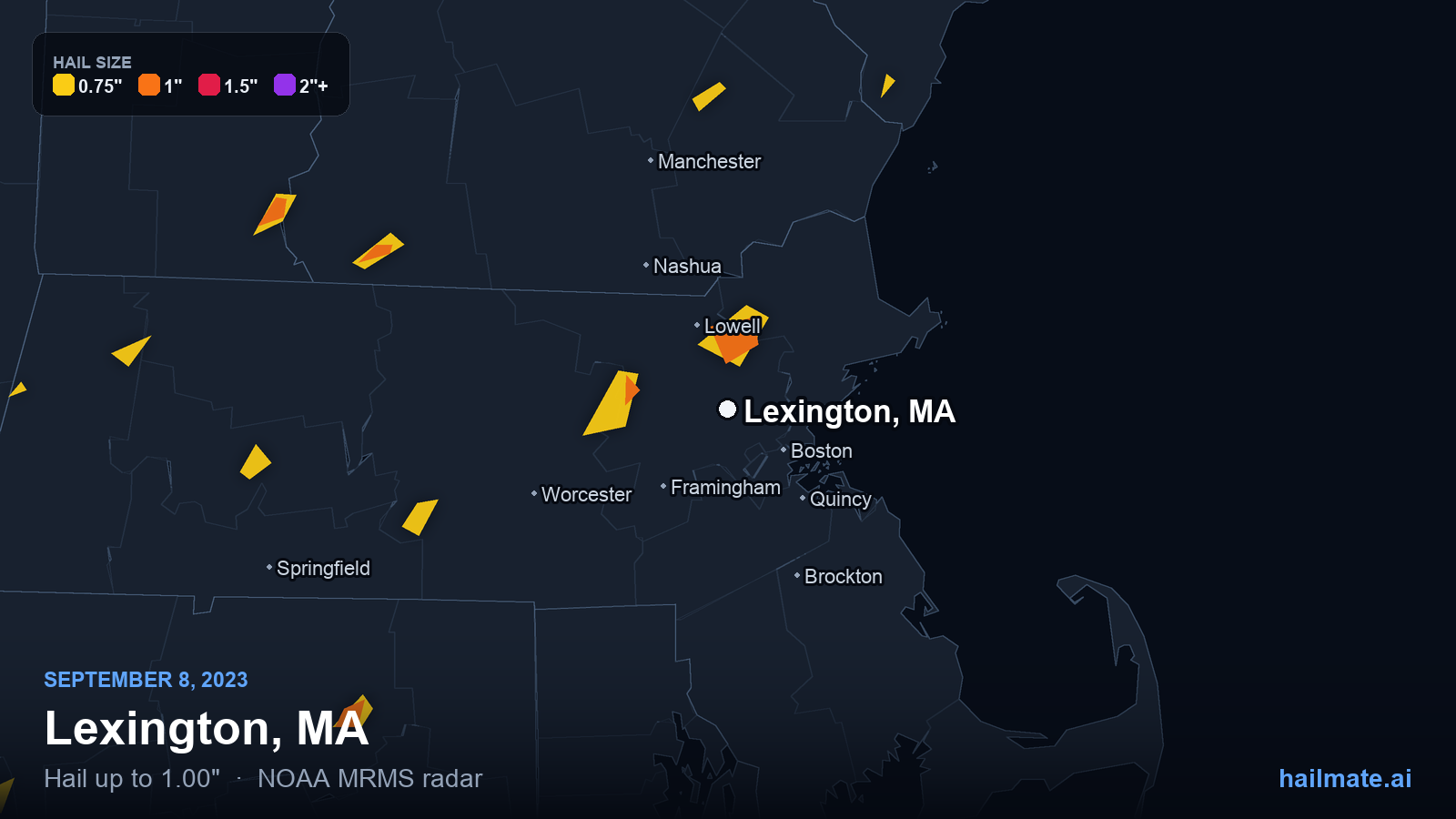 Hail swath map for Lexington, MA on September 8, 2023 showing 1.00 inch hail.