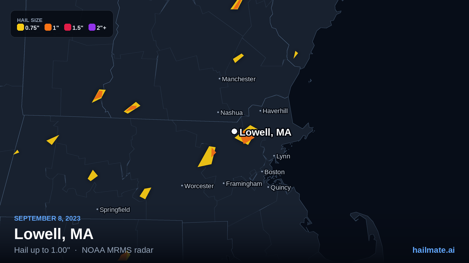 Hail swath map for Lowell, MA on September 8, 2023 showing 1.00 inch hail.