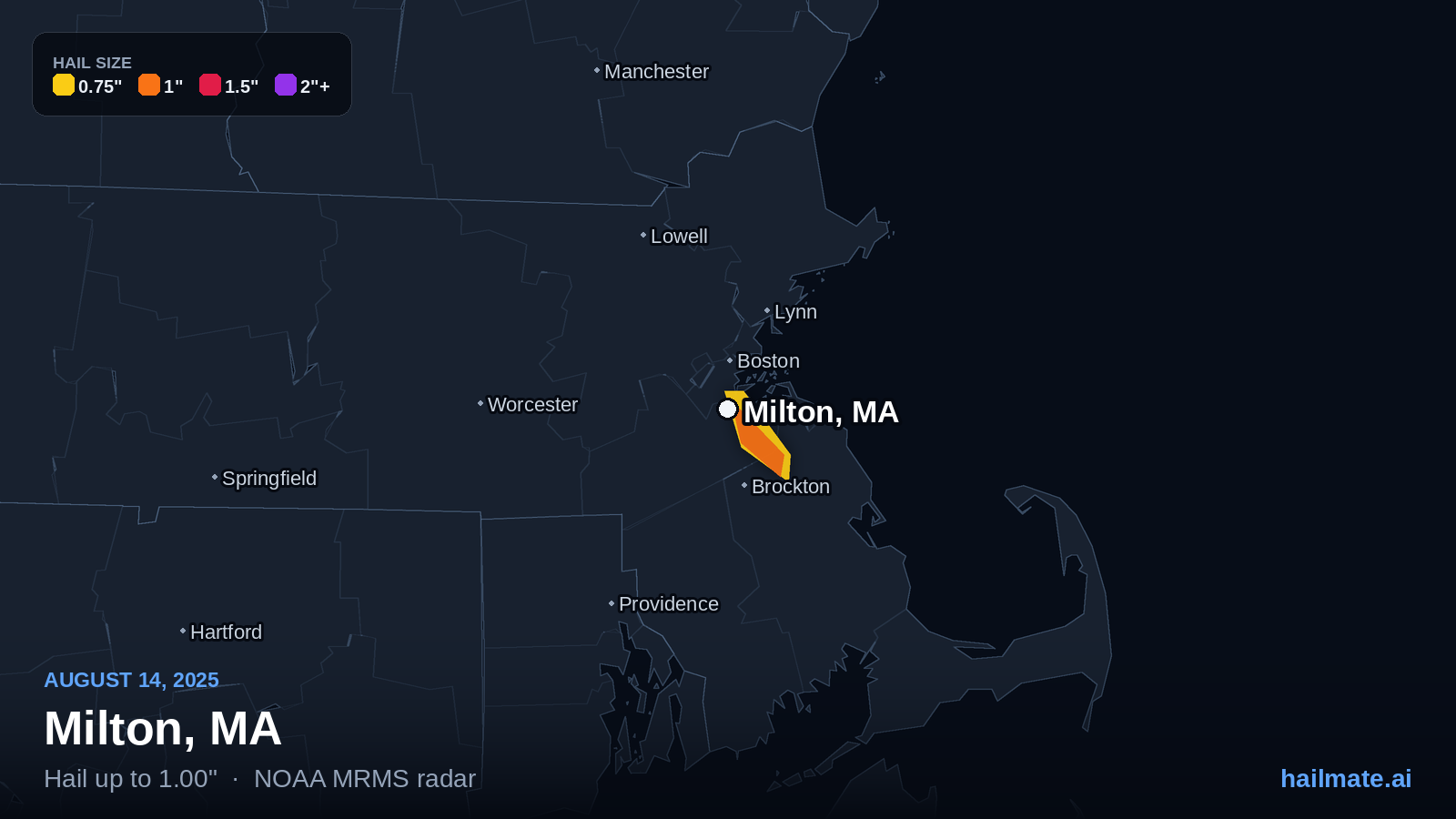 Hail swath map for Milton, MA on August 14, 2025 showing 1.00 inch hail.
