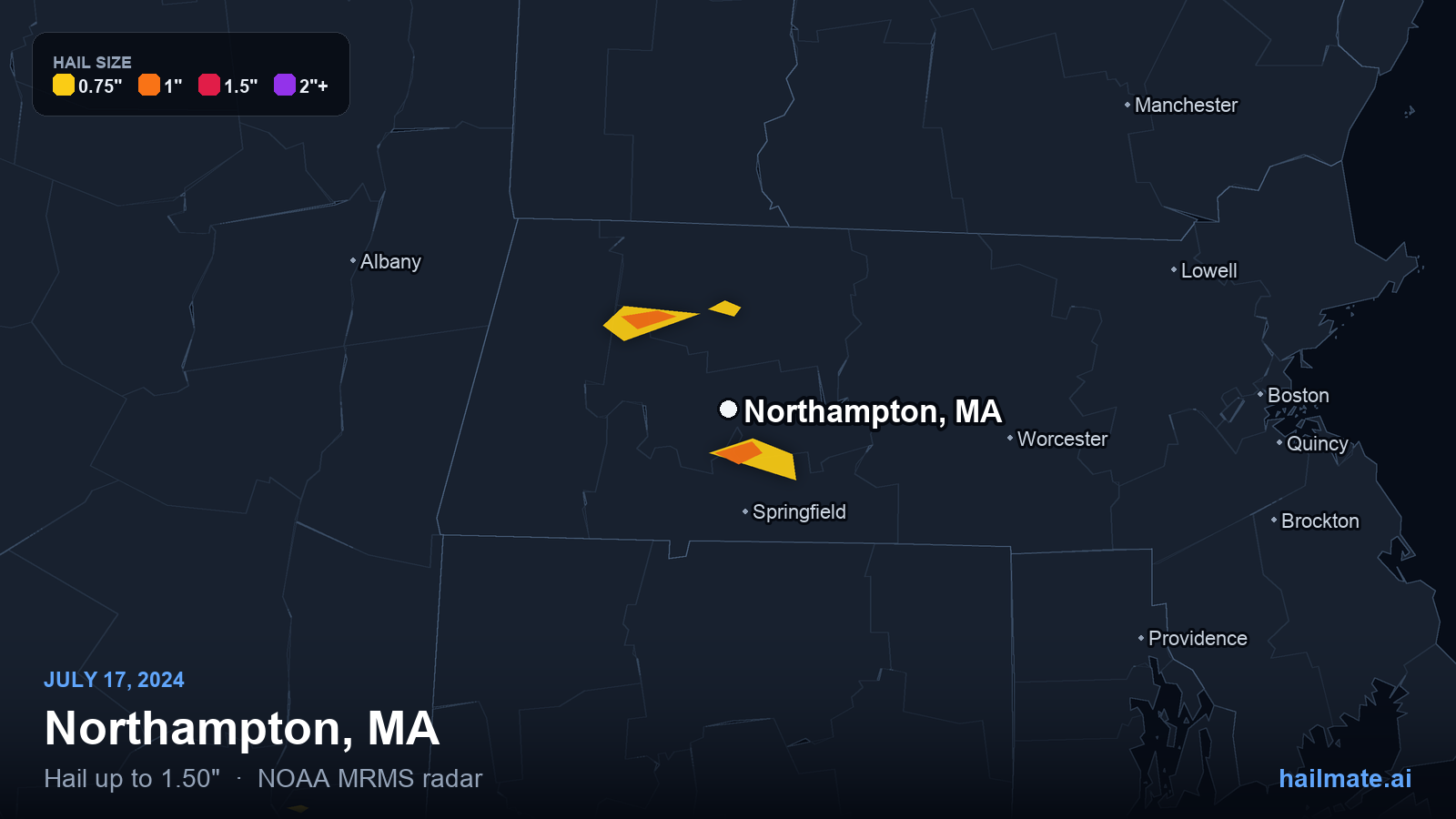 Hail swath map for Northampton, MA on July 17, 2024 showing 1.50 inch hail.