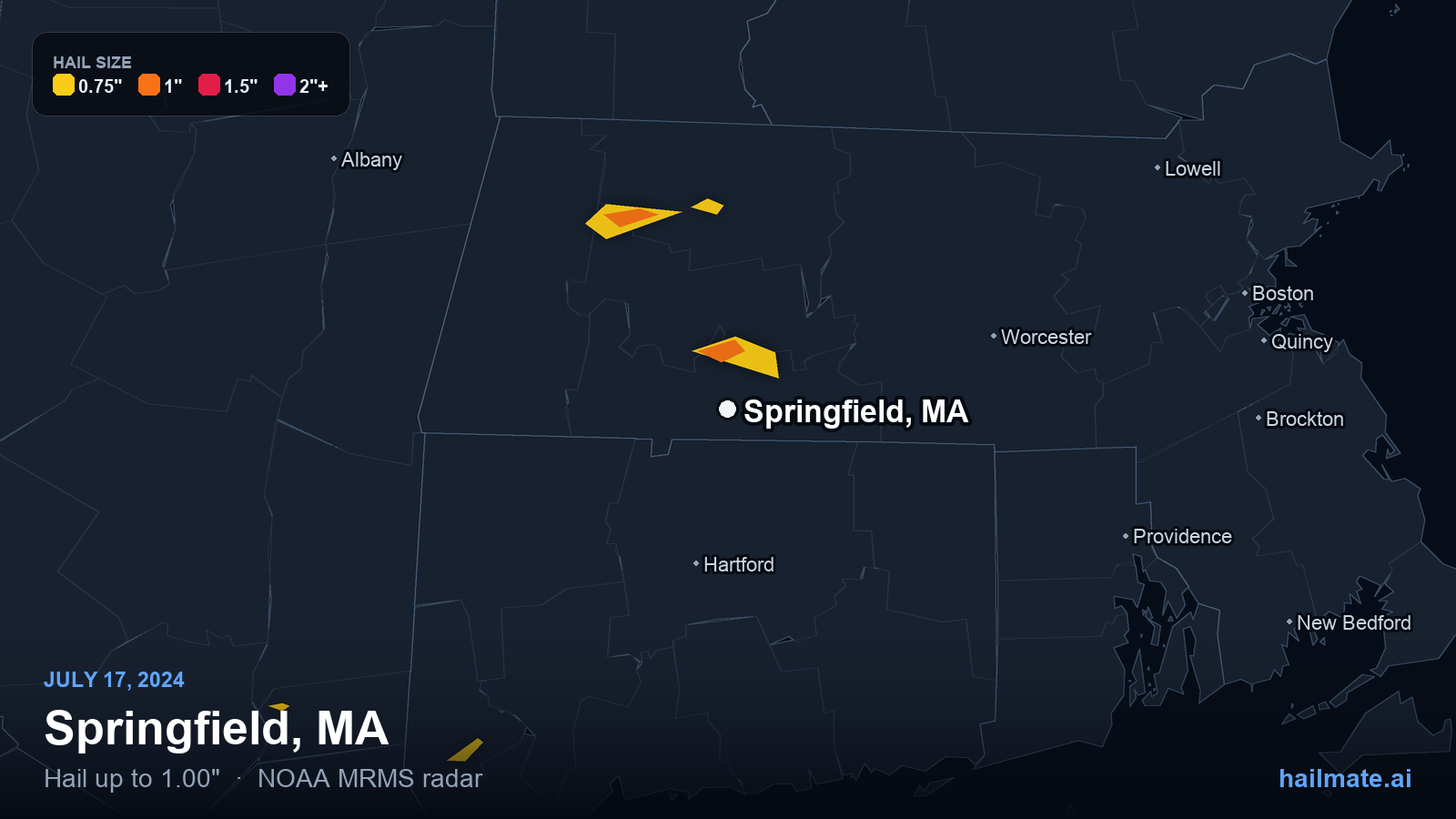 Hail swath map for Springfield, MA on July 17, 2024 showing 1.00 inch hail.