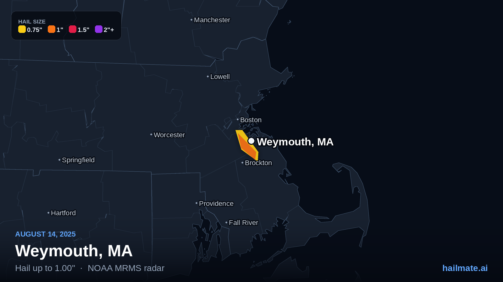 Hail swath map for Weymouth, MA on August 14, 2025 showing 1.00 inch hail.