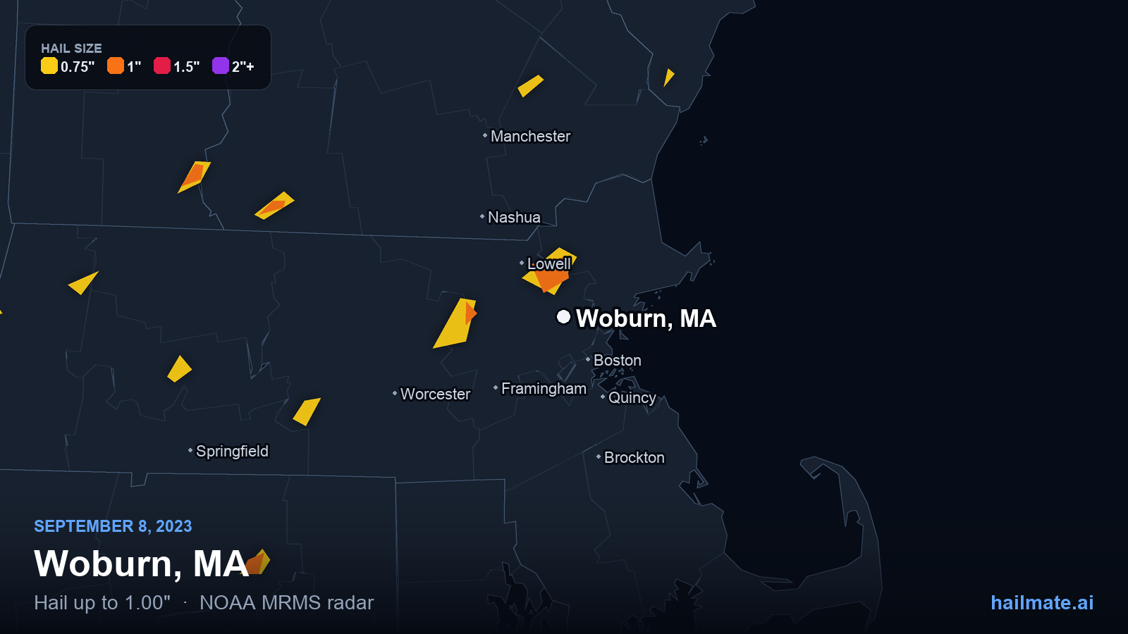 Hail swath map for Woburn, MA on September 8, 2023 showing 1.00 inch hail.