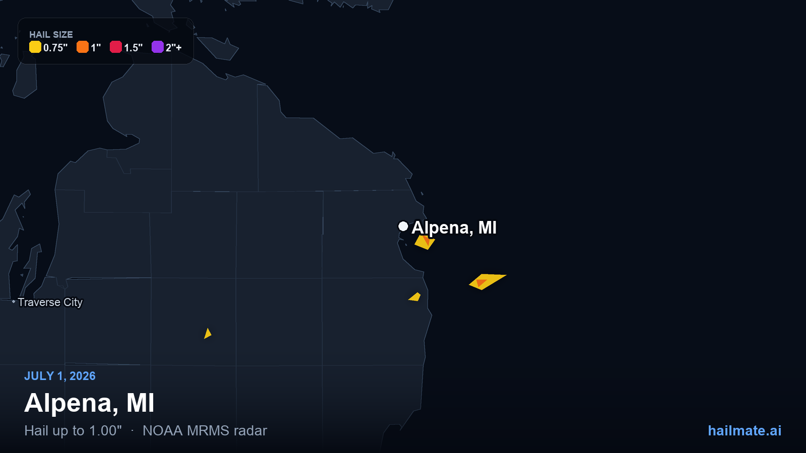 Hail swath map for Alpena, MI on July 1, 2026 showing 1.00 inch hail.