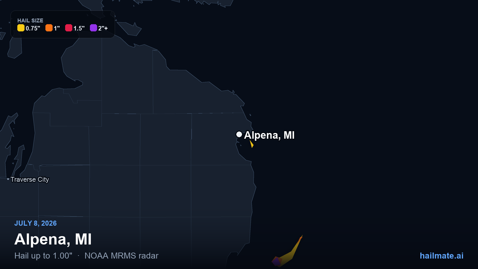 Hail swath map for Alpena, MI on July 8, 2026 showing 1.00 inch hail.