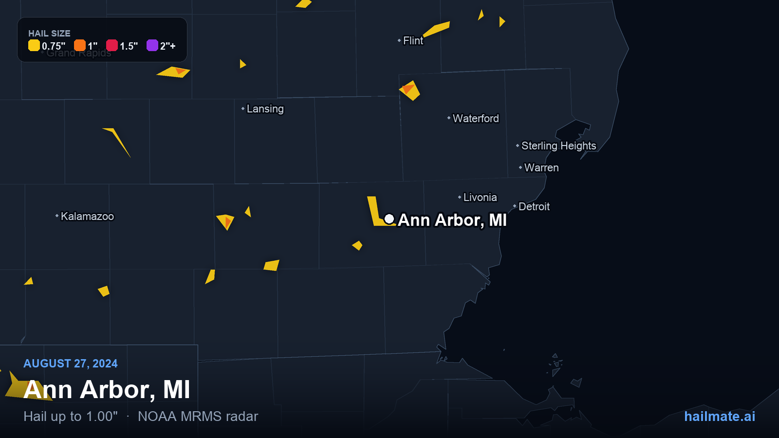 Hail swath map for Ann Arbor, MI on August 27, 2024 showing 1.00 inch hail.