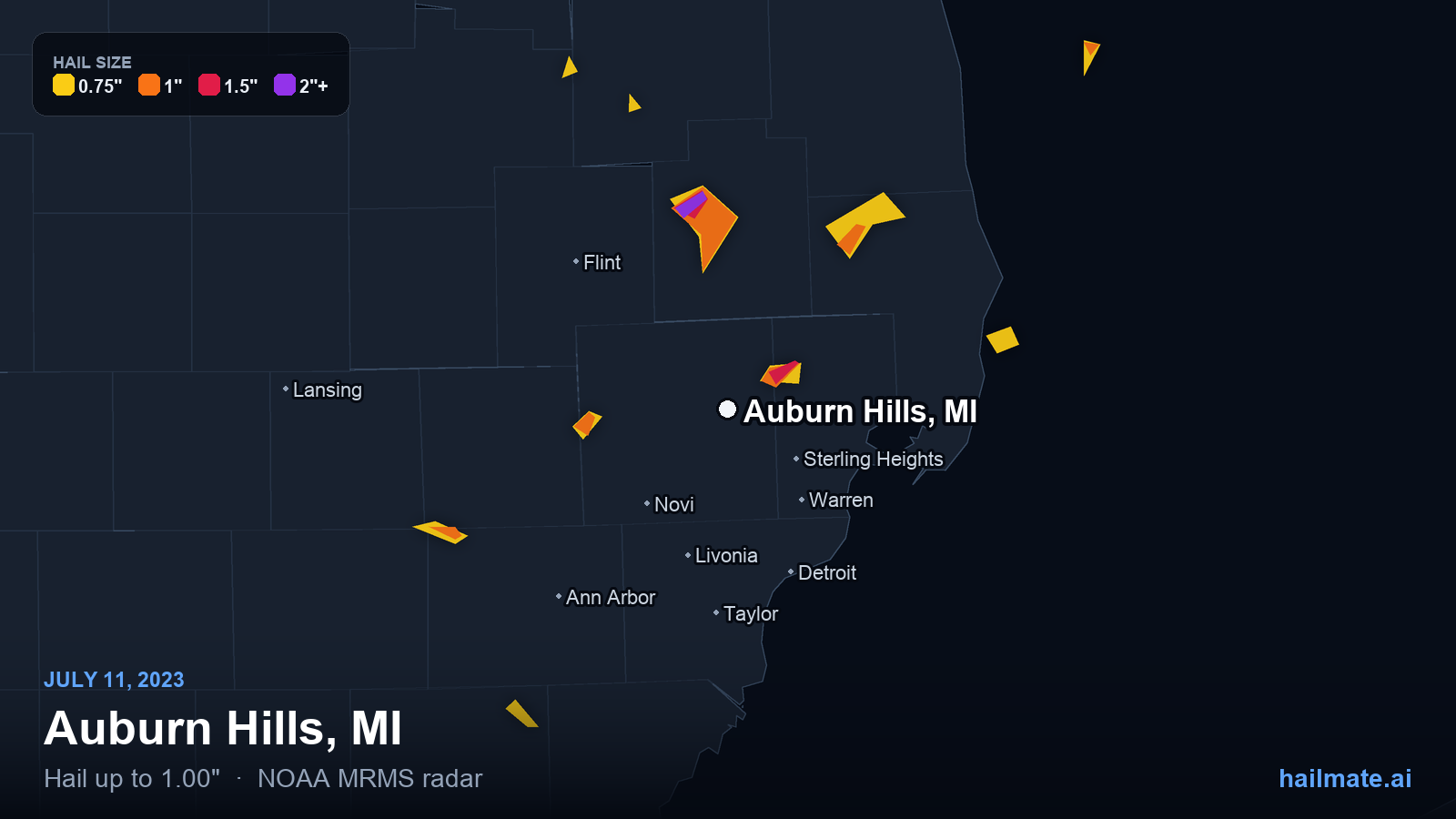 Hail swath map for Auburn Hills, MI on July 11, 2023 showing 1.00 inch hail.