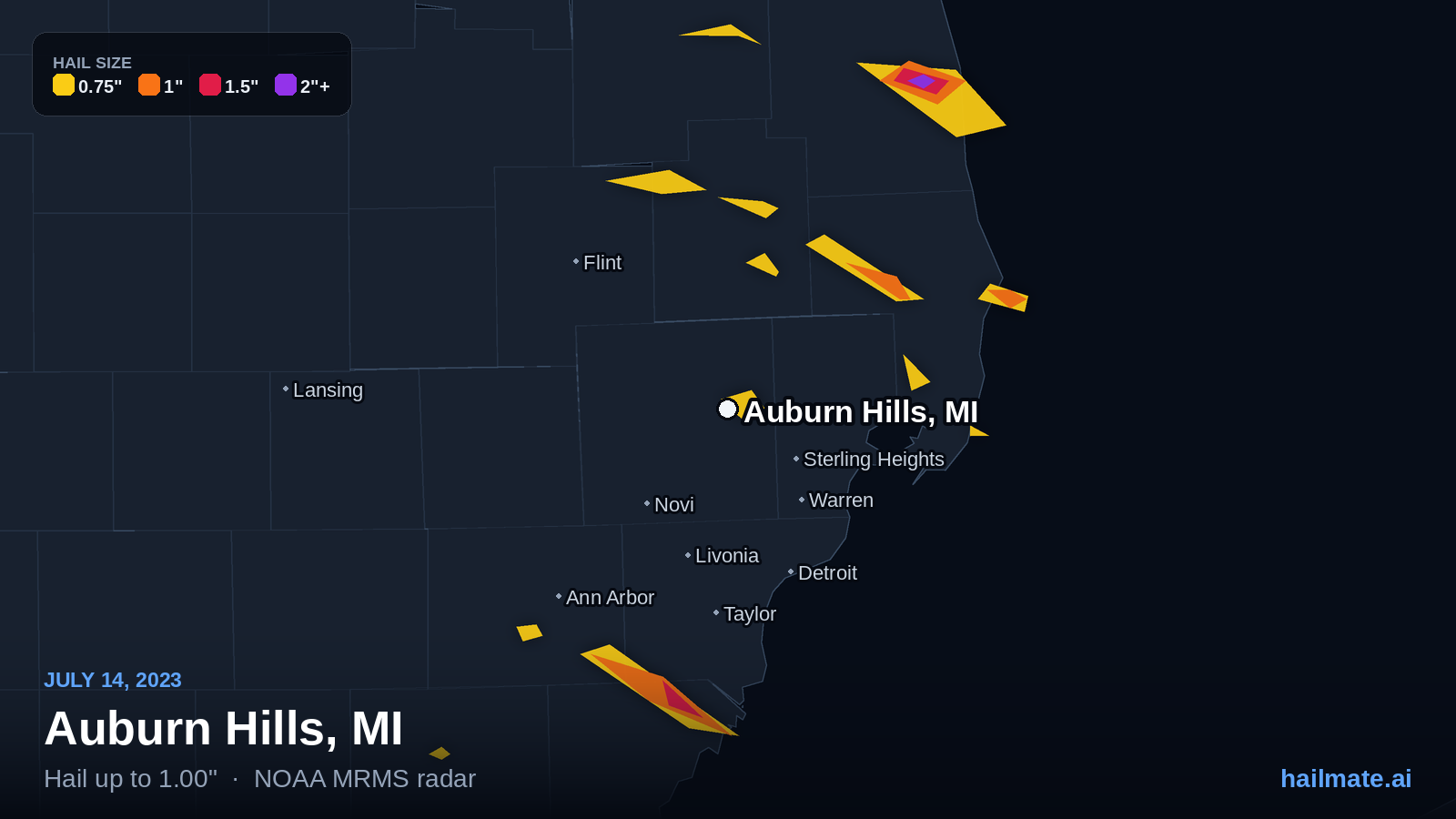 Hail swath map for Auburn Hills, MI on July 14, 2023 showing 1.00 inch hail.