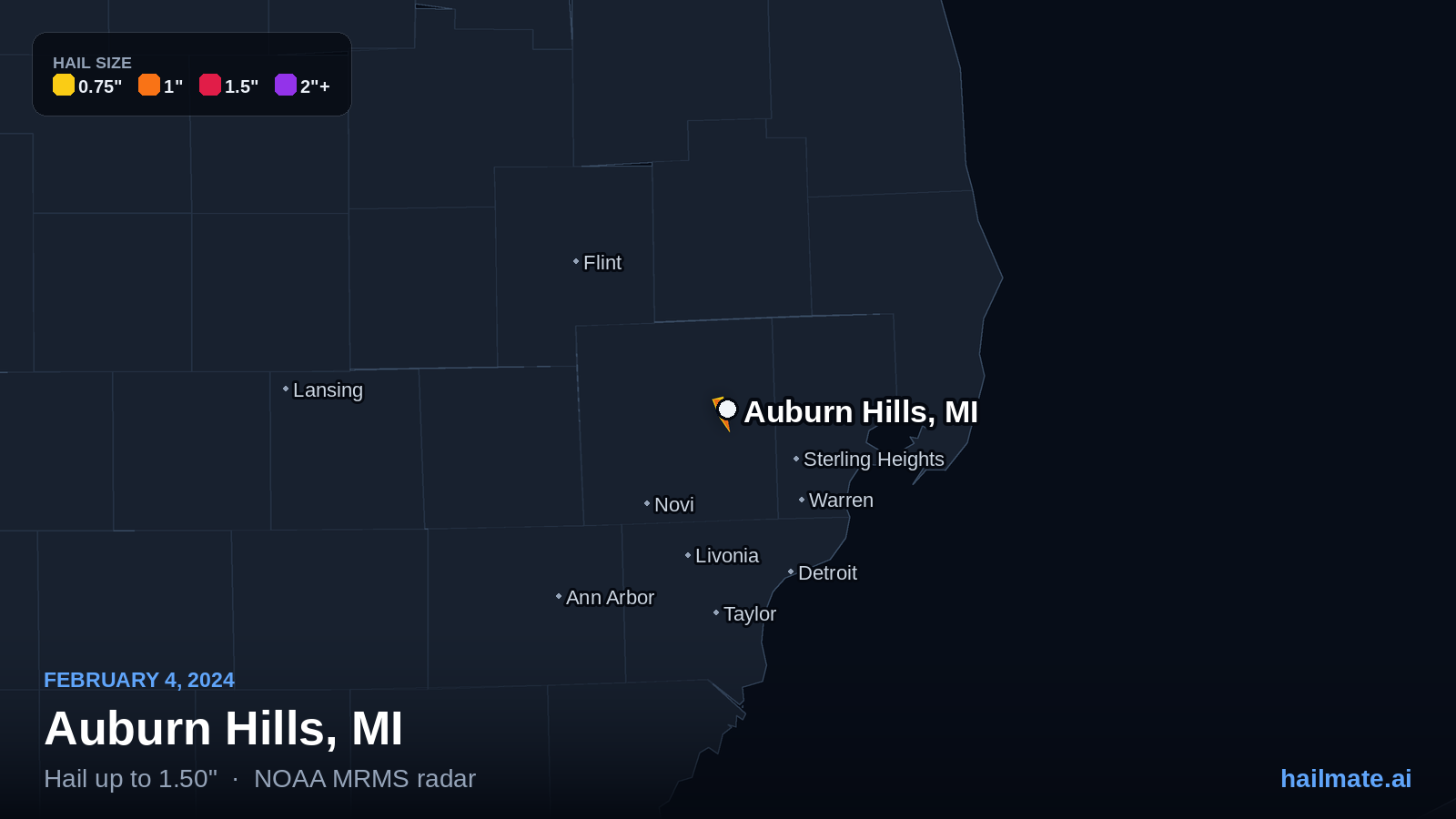 Hail swath map for Auburn Hills, MI on February 4, 2024 showing 1.50 inch hail.
