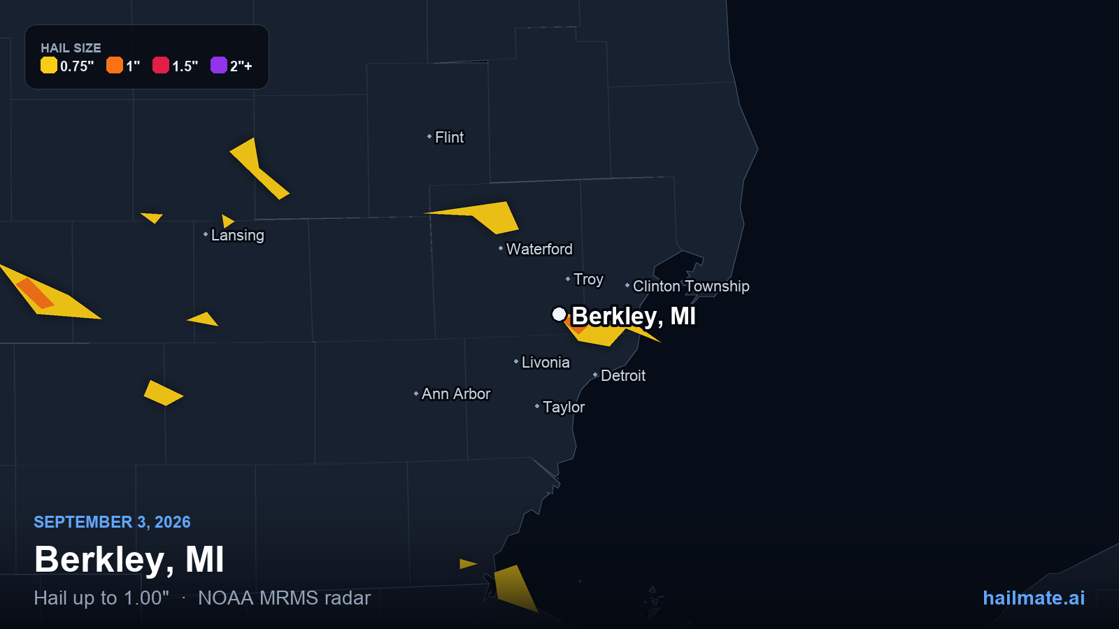Hail swath map for Berkley, MI on September 3, 2026 showing 1.00 inch hail.