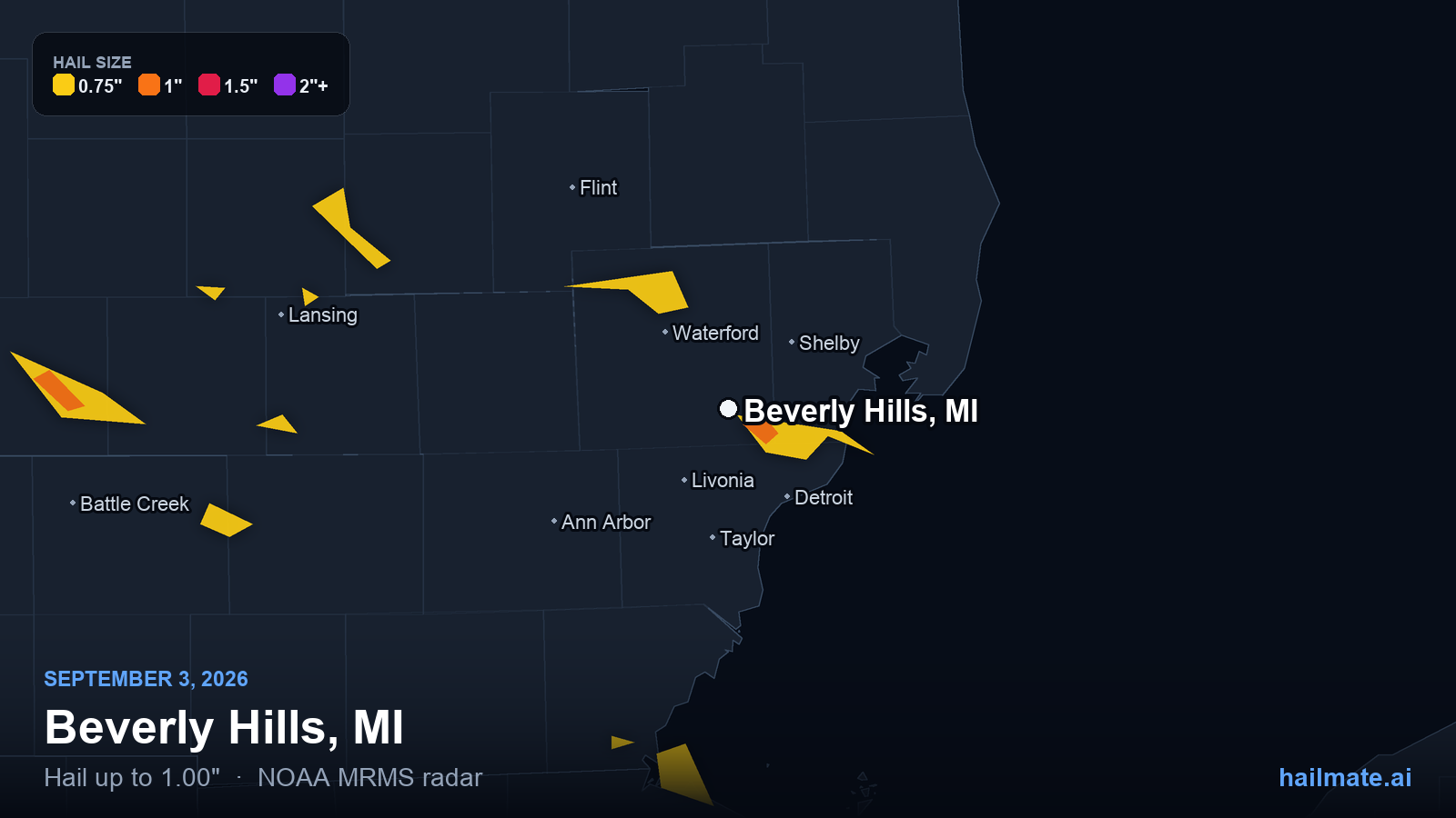 Hail swath map for Beverly Hills, MI on September 3, 2026 showing 1.00 inch hail.