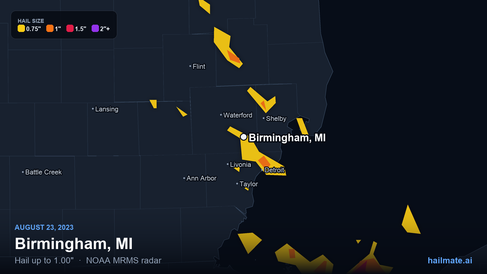 Hail swath map for Birmingham, MI on August 23, 2023 showing 1.00 inch hail.