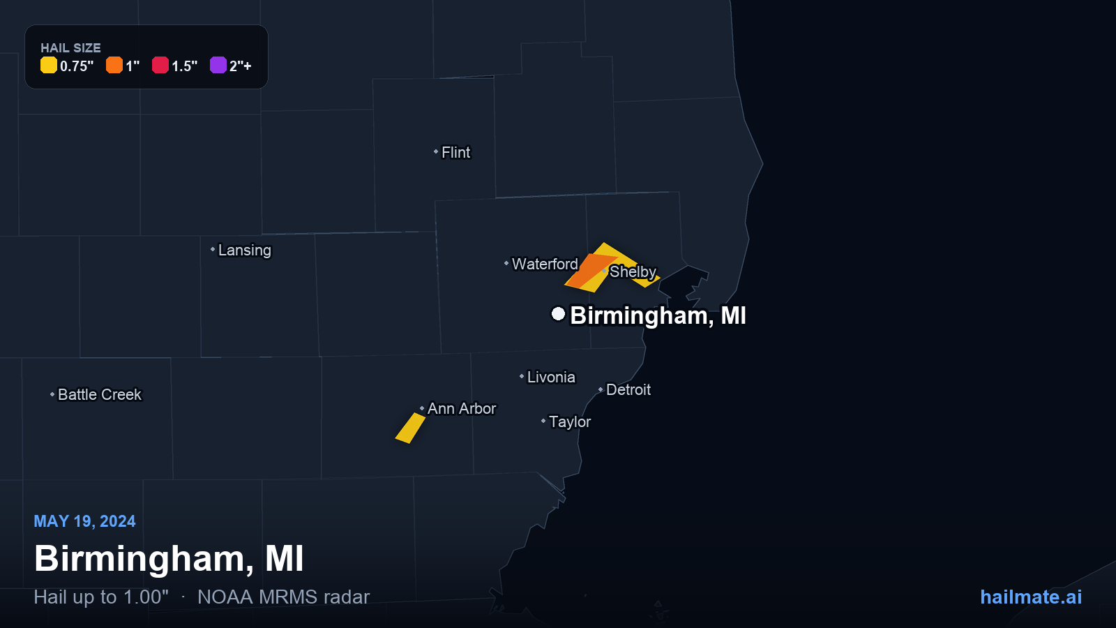 Hail swath map for Birmingham, MI on May 19, 2024 showing 1.00 inch hail.
