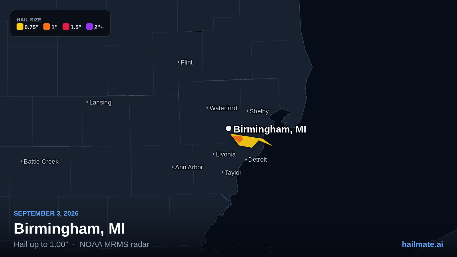 Hail swath map for Birmingham, MI on September 3, 2026 showing 1.00 inch hail.