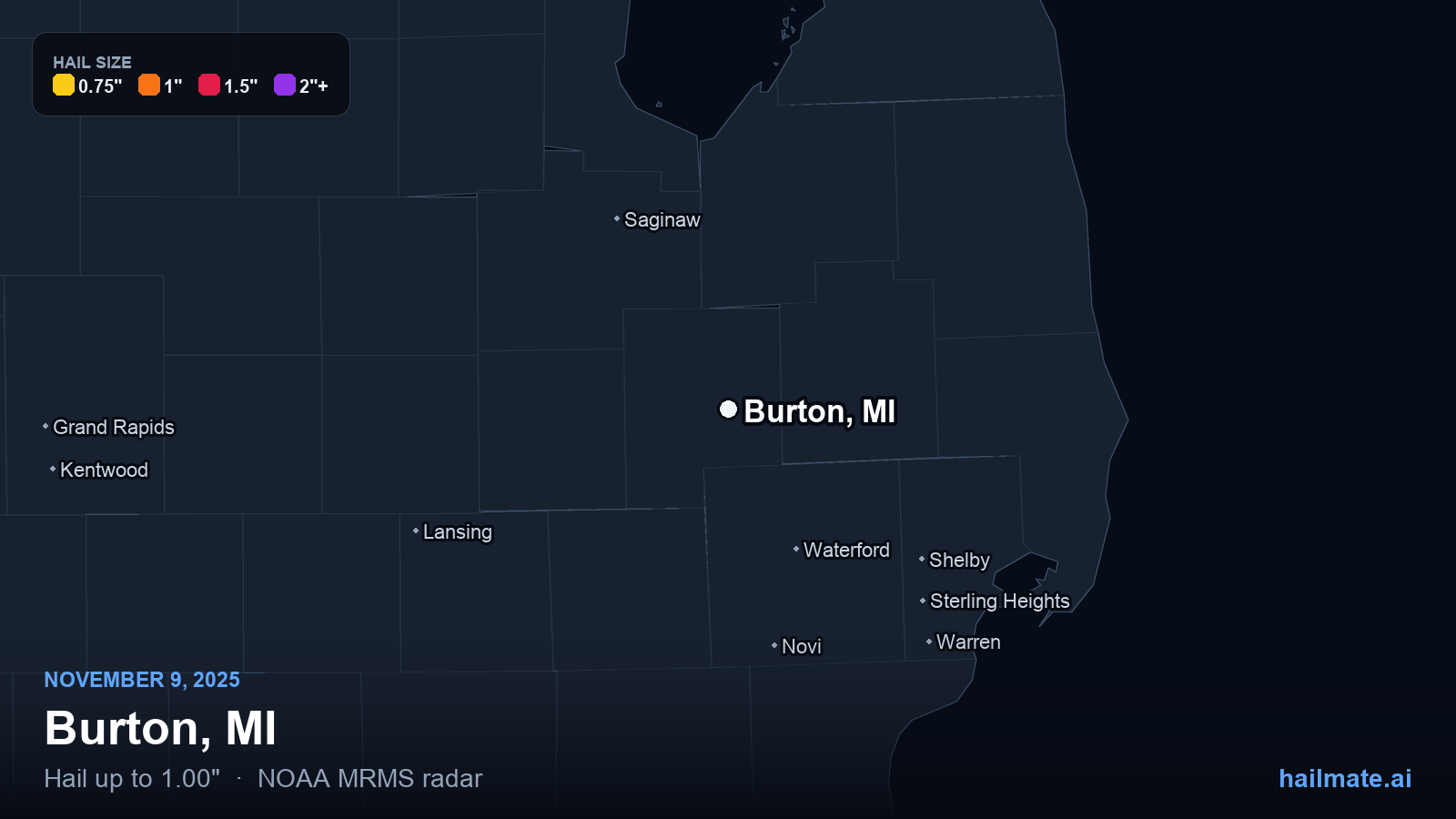 Hail swath map for Burton, MI on November 9, 2025 showing 1.00 inch hail.